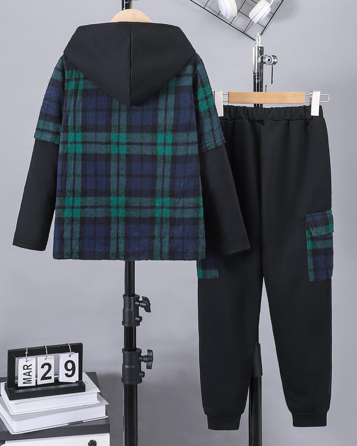 PureChapter Boys Pants Sets Long Sleeve Hooded Fleece Plaid Pullover Pants 2Pcs Outfit Set Casual Sets for Big Boys - Image 6