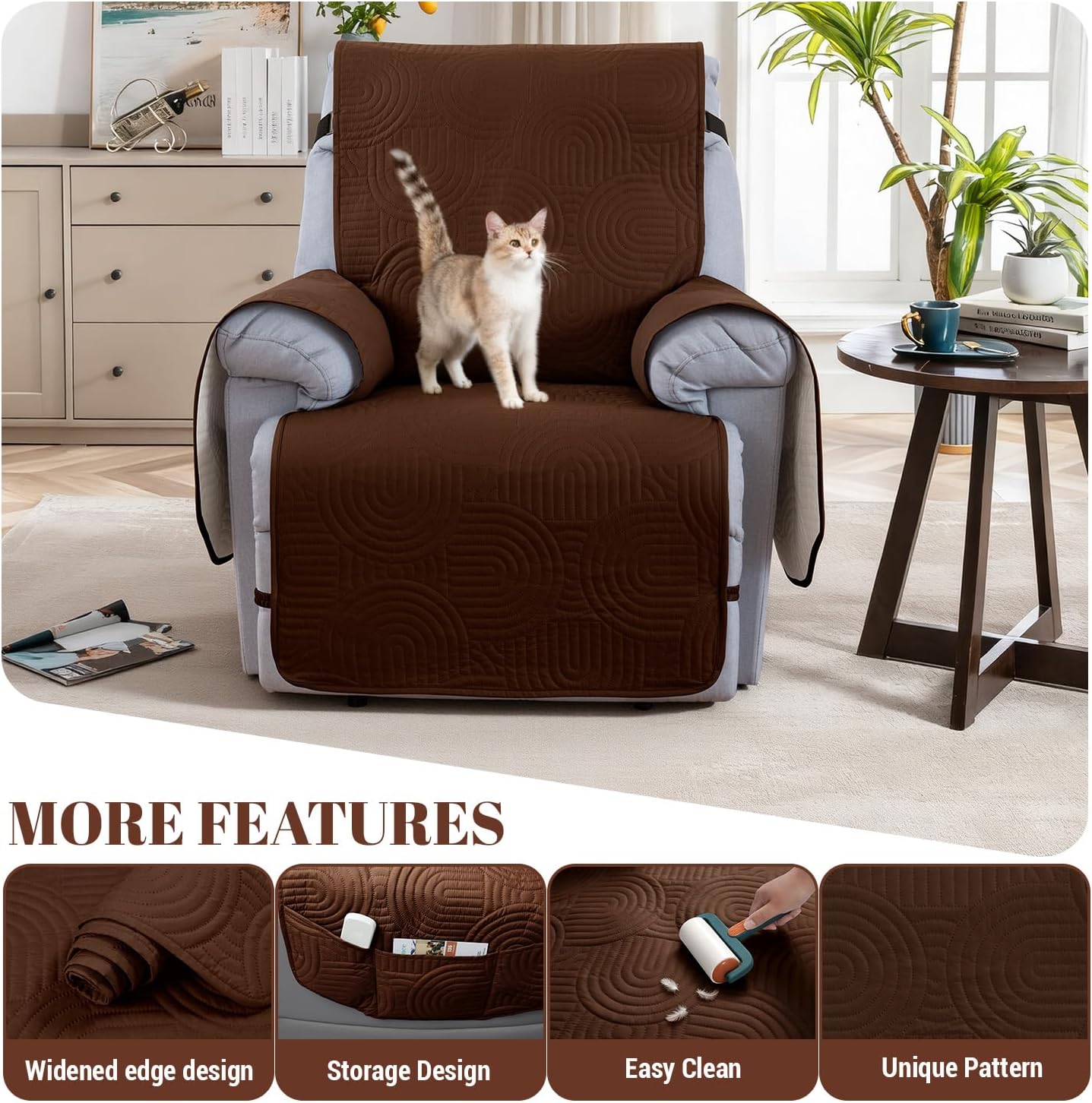 100% Waterproof Recliner Chair Cover,Non Slip Covers for Recliner Chair Washable Dog Chair Cover Furniture Protector with Pocket, Elastic Straps for Kids, Dogs, Pets (Brown, 23.6'')