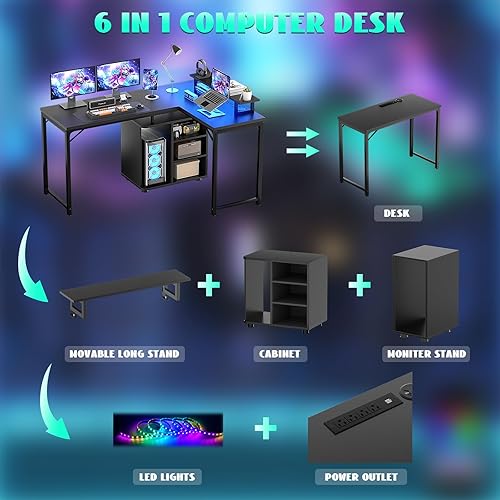 Miniatura 6 de Cyclysio Escritorio para computadora en forma de L, escritorio reversible para juegos de 58 pulgadas con tira LED y soporte de monitor ajustable,