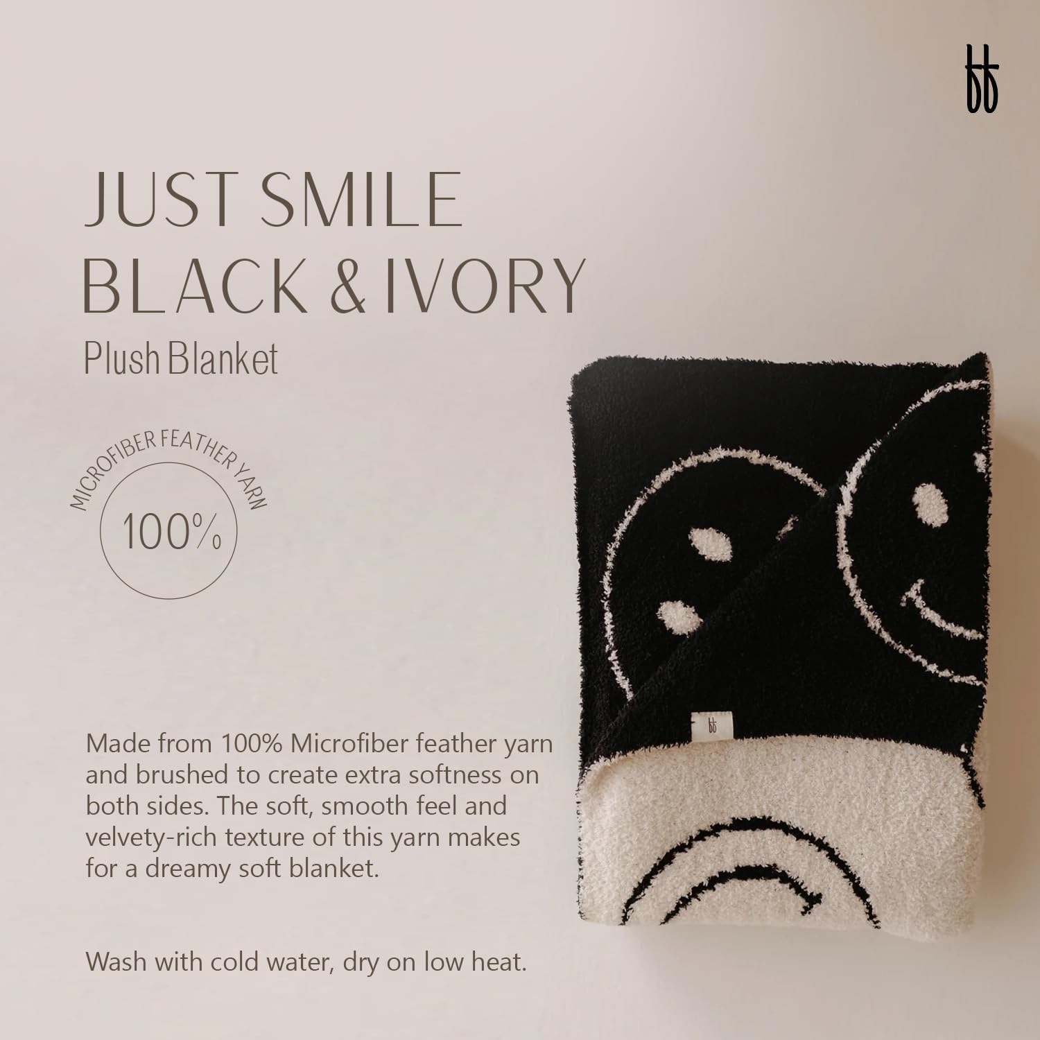 forever french Baby Plush Blanket | for Infant Toddler and Newborn | Receiving Blanket | 100% Microfiber Feather Yarn | Soft Warm Cozy for Crib Stroller & Travel | 45"x45" (Just Smile Black & Ivory)
