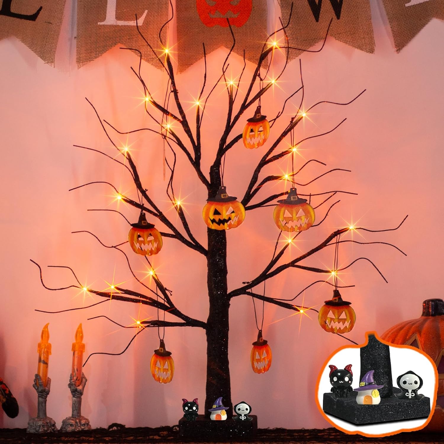 EAMBRITE Halloween Projector Lights Ghost and Halloween Tree, 2FT Black Spooky Tree, Outdoor Indoor Decorations for Yard Party Garden Home Fireplace