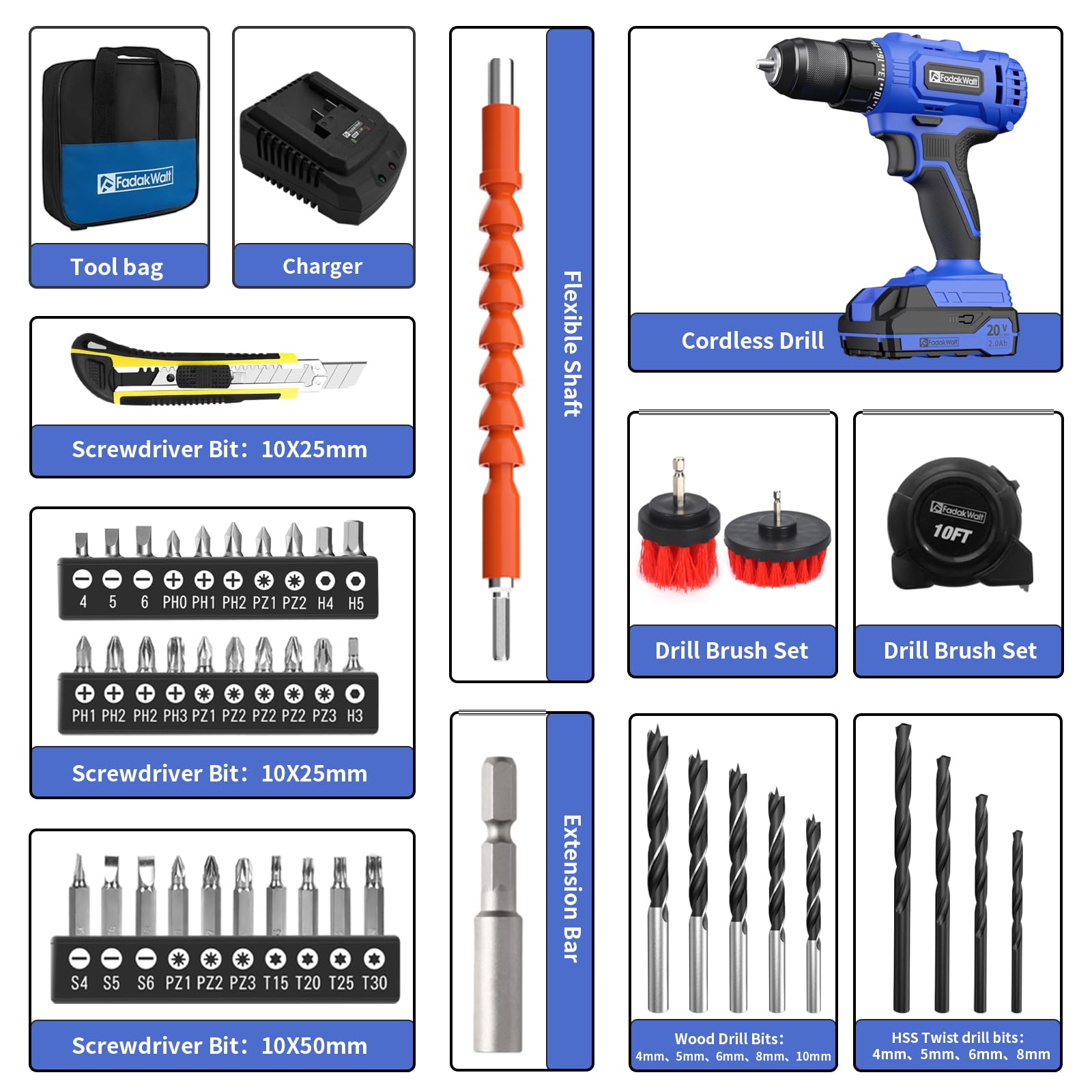 FADAKWALT 20V Cordless Drill/Driver Set – 1/2” Keyless Chuck, 2 Speeds, 25+1 Torque, 400 Inch-lbs Power Drill Kit With Battery & Charger - View #8