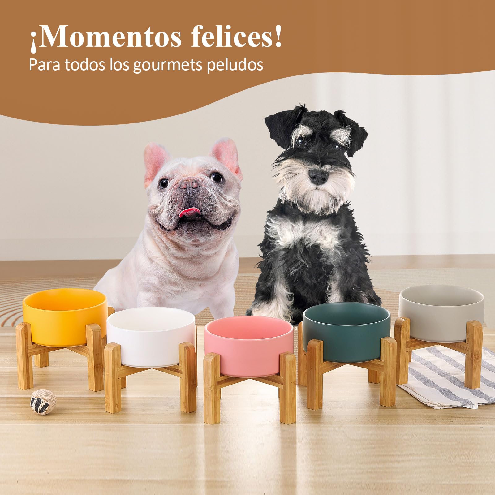 Blanca Ceramica Comedero Elevado Perro y Comedero Gato - 850 ml - En un Elegante Soporte de bambú - También Adecuado para Perros Grandes/Grandes felinos