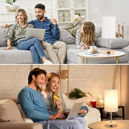 Miniatura 6 de AKASUKI Lámpara de mesa para dormitorio, lámpara táctil regulable de 3 vías con estación de carga doble, lámparas de noche pequeñas para mesitas de