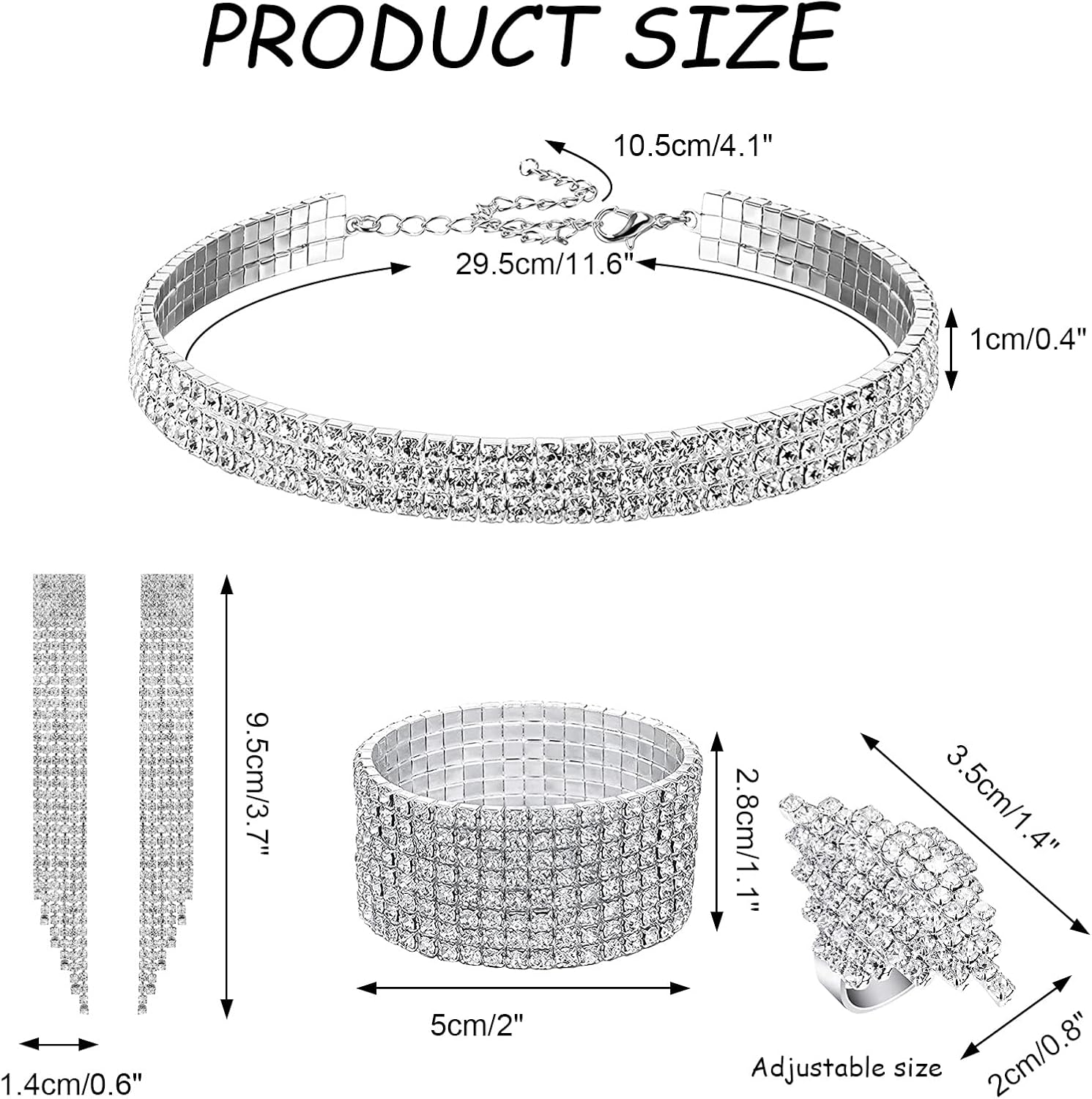 PHOGARY Women Rhinestone Jewelry Set with Rhinestone Stretch Bracelet Bangle Crystal Necklace Ring Dangle Fringe Earrings for Women Costume Jewelry Bridal Jewelry Fashion Jewelry Sets - Image 2