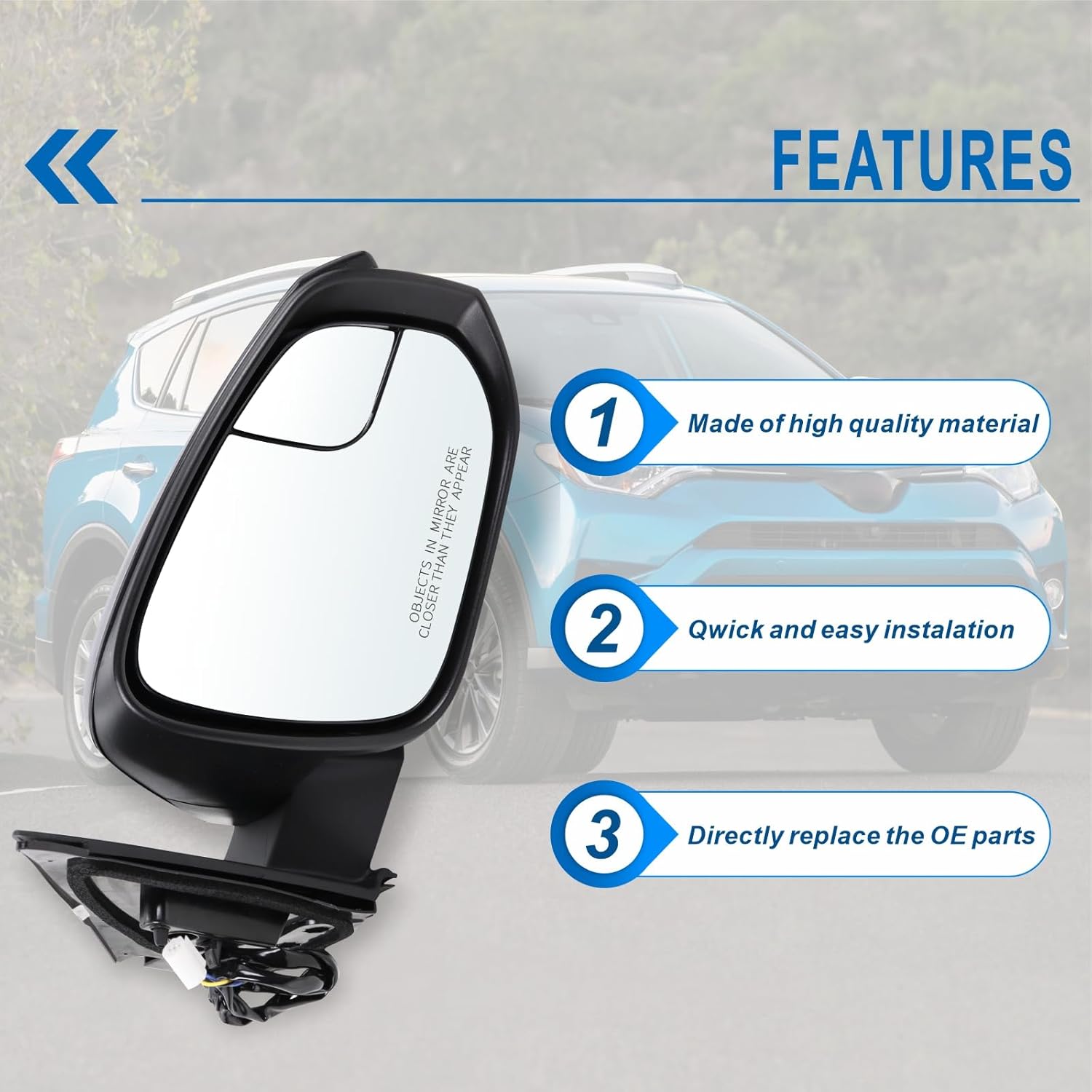Right Passenger Side Door Mirror Compatible With 2016 2017 2018 Toyota RAV4 With Power Glass Manual Folding Black Replace#TO1321345 879100R200(3 Pins)
