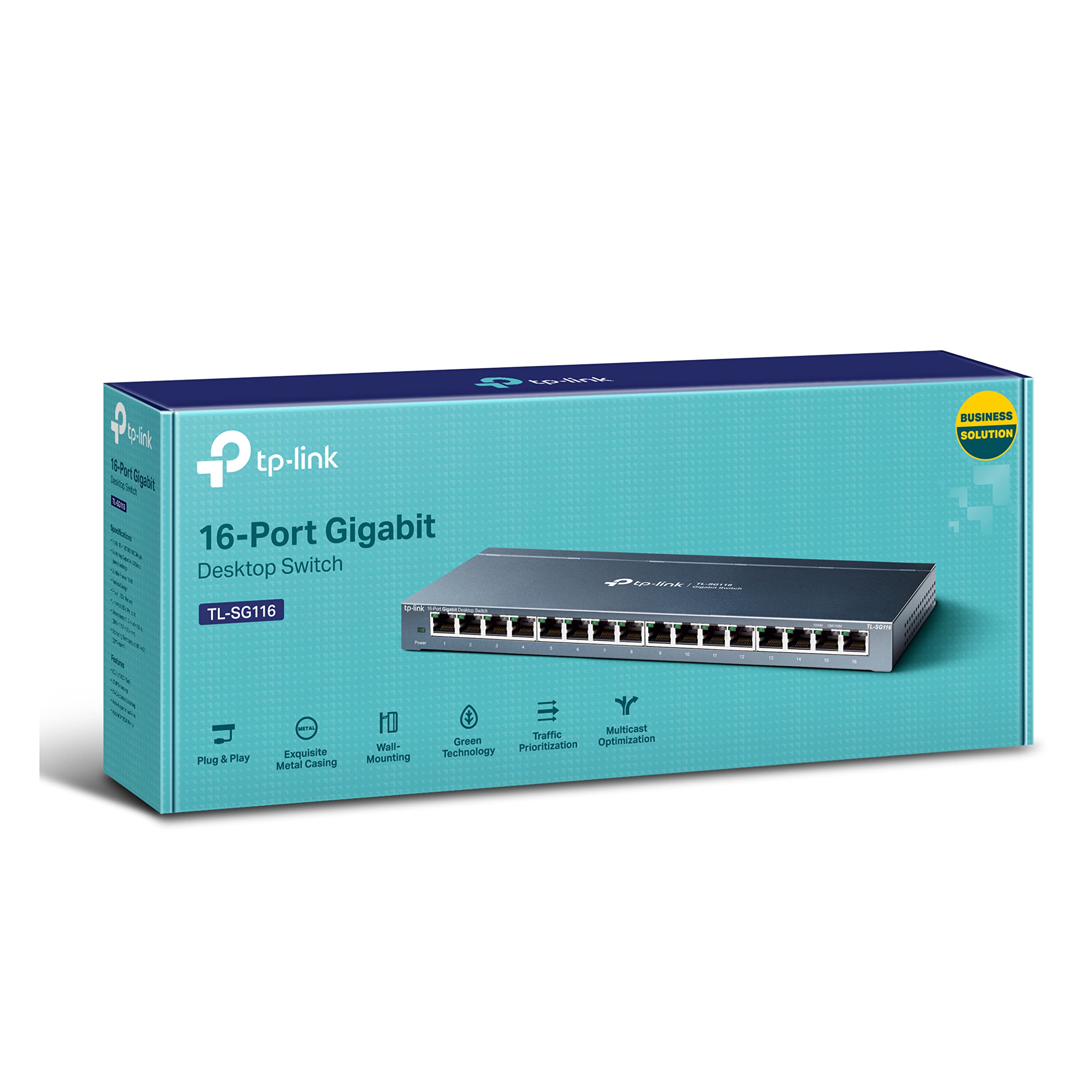 TP-Link TL-SG116 16-Port Gigabit-/Netzwerk Switch (32Gbit/S Switching-Kapazität, geschirmte RJ-45 Ports, Metallgehäuse, IGMP-snooping, Unmanaged, Plug-und-Play, lüfterlos) blau Metallic