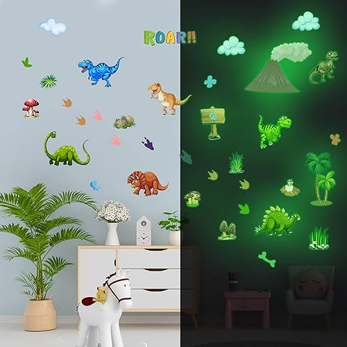 Miniatura 3 de Calcomanías de pared de dinosaurio que brillan en la oscuridad, huellas extraíbles, calcomanías de dinosaurio para techo, decoración de pared de