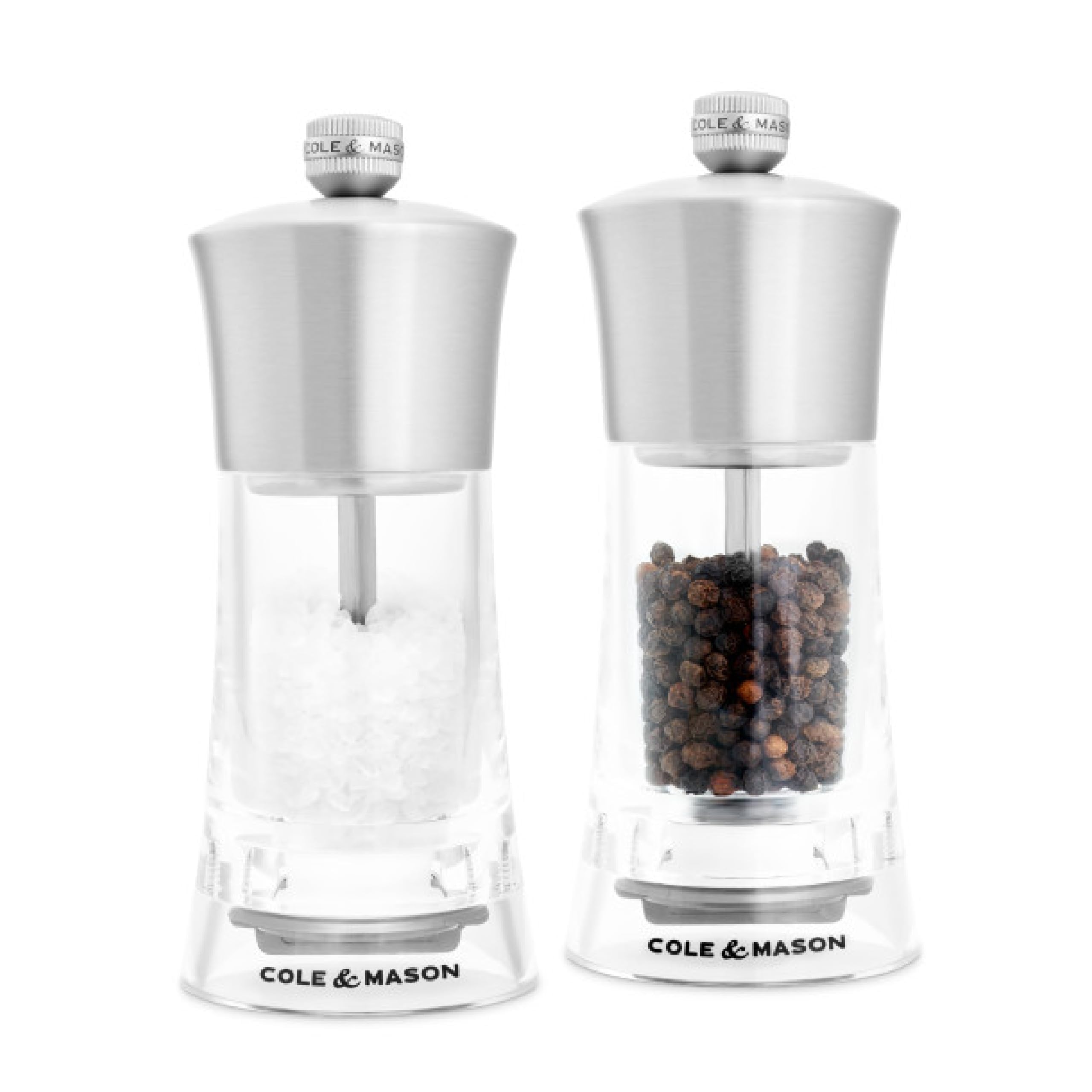 Cole & Mason Transparent Bromley Salt & Pepper Mills, Ceramic Mechanism With Adjustable Coarseness, Acrylic/Stainless Steel Salt And Pepper Grinder, 150Mm, Lifetime Mechanism Guarantee