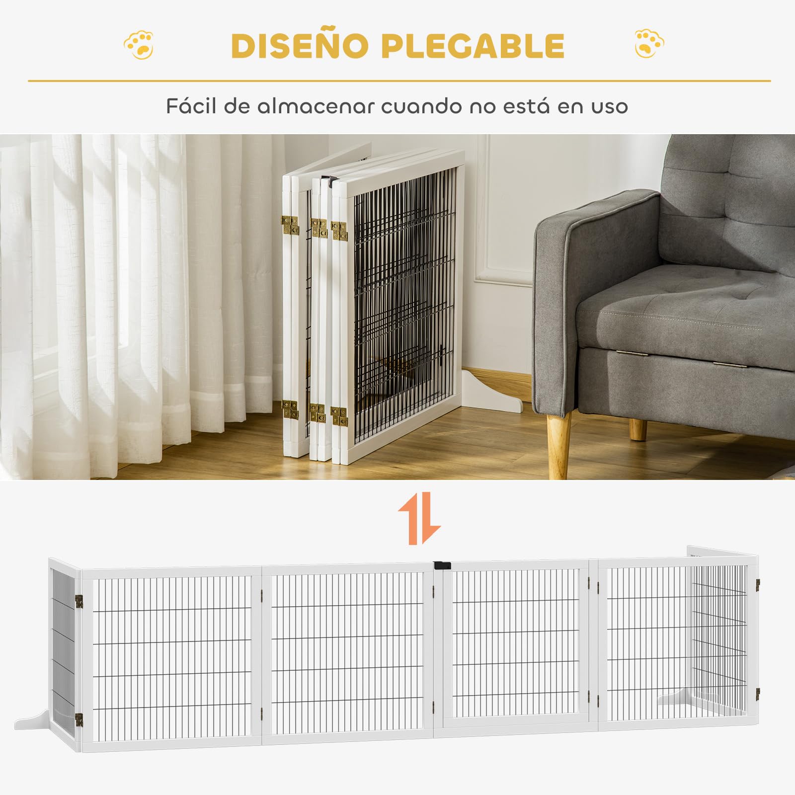 PawHut Barrera de Seguridad para Perros de Madera Plegable, para Escaleras y Puertas, Valla para Perros Pequeños y Medianos de 6 Paneles, con Soporte de Pie, para Interiores, 432x36x70 cm, Blanco