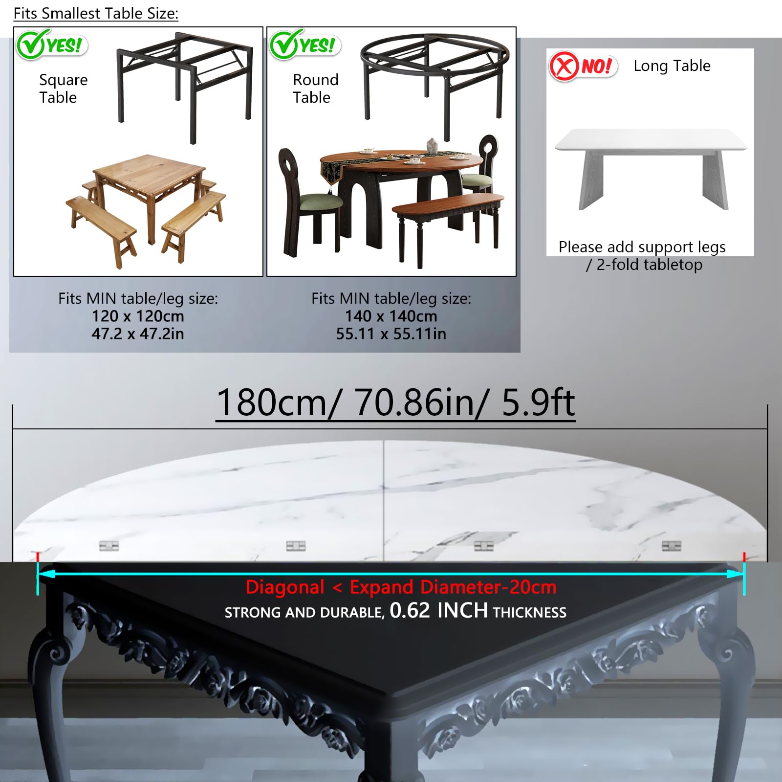 Piano de Mesa Redondo Plegable, Redondo Tablero de Mesa 4-Plegable Sin Patas, Madera Least 20cm Extensor Tablero de Mesa para Picnic/Asientos adicionales para Invitados (Whtie, D:181cm)
