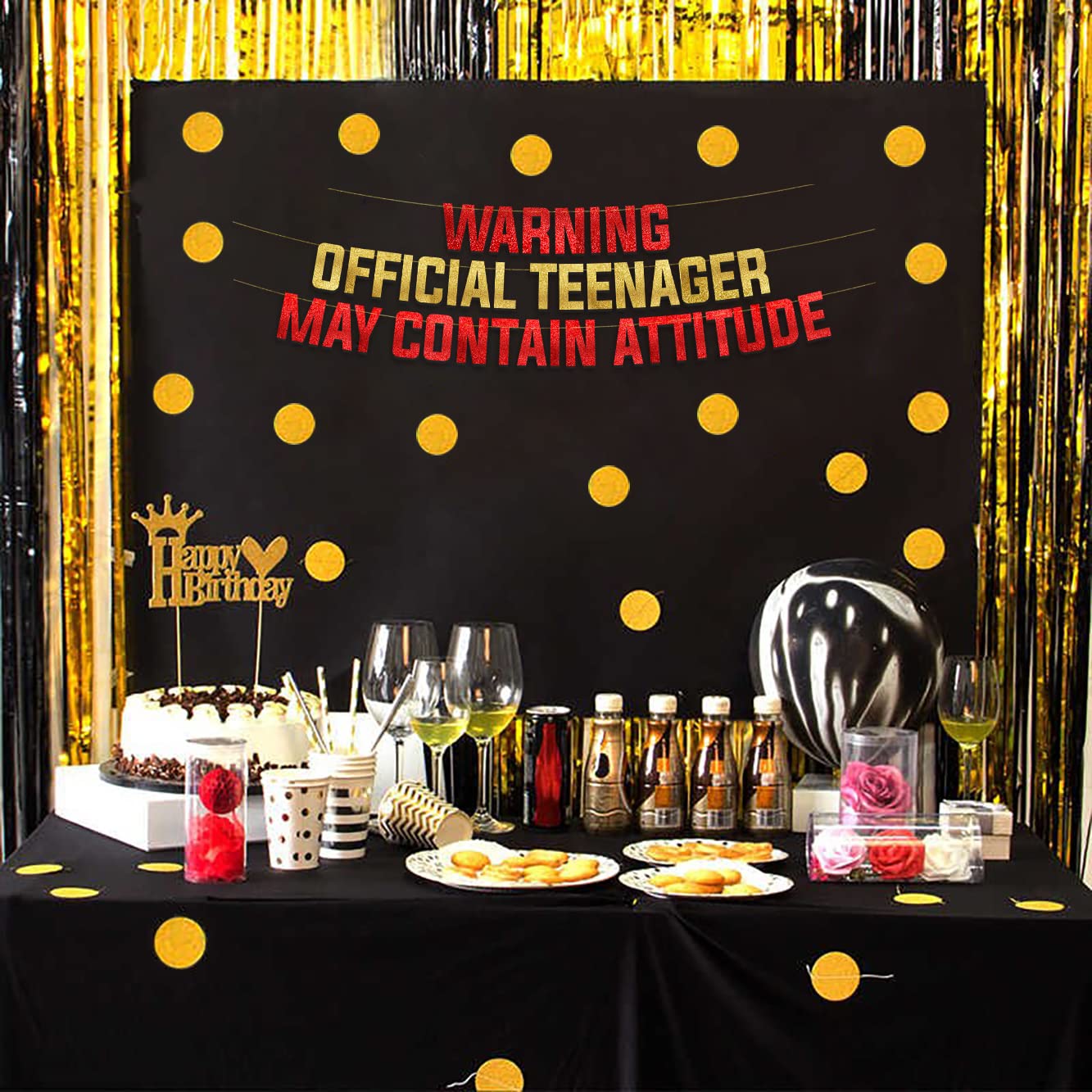 Goldenes Glitzer-Banner mit Aufschrift "Warning Official Teenager May Contain Attitude", Partyzubehör, Ideen, Geschenke und Dekorationen
