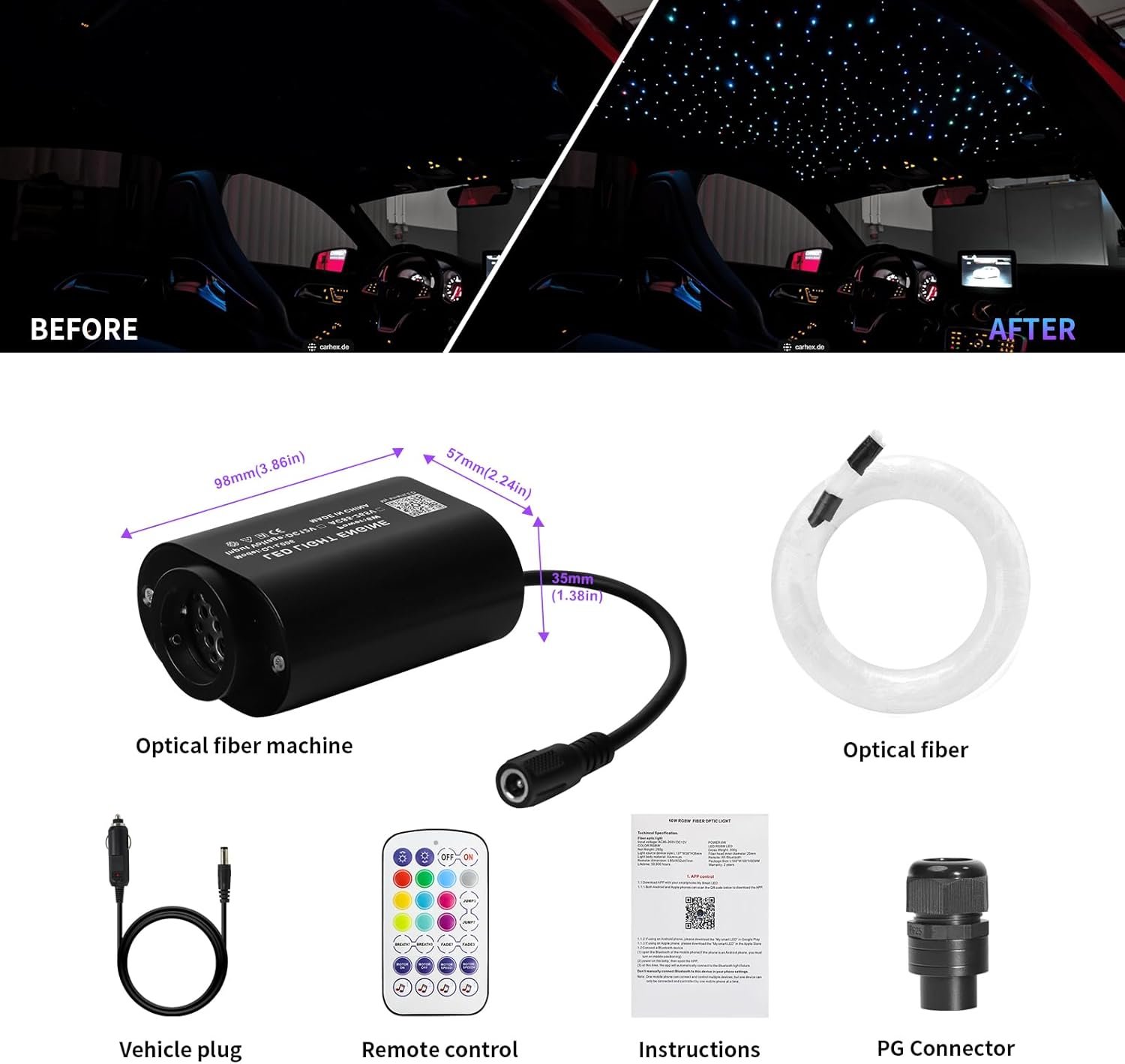 6W Small Size Car Twinkle Fiber Optic Starlight Headliner Kit, 150pcs*0.03in*6.5ft Sound-Activated APP& Remote Control Starlight Engine for Car Home
