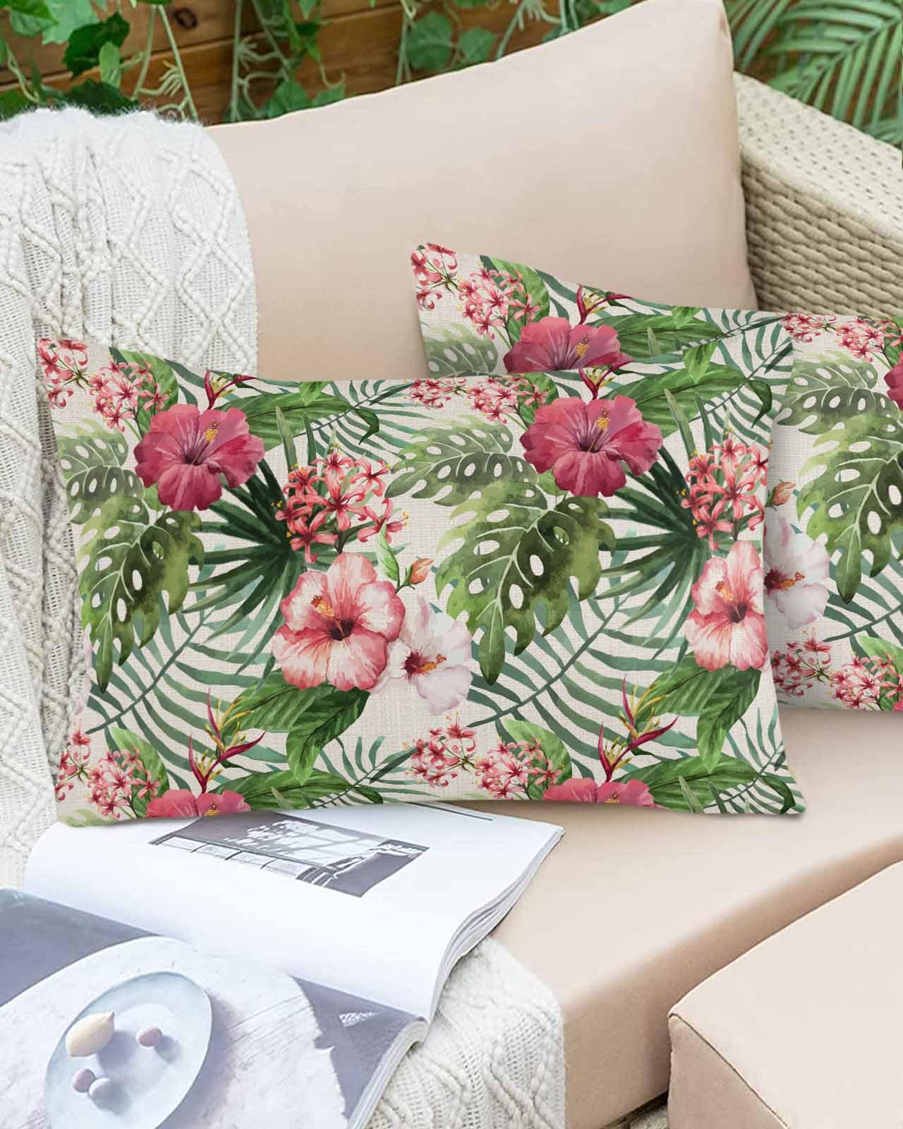 Boanket Lumbar Pillow Covers 12 x 20 in, Tropical Plants Waterproof Throw Pillow Cover Set of 2, Summer Botanical Spring Floral Rustic Home Decorative Rectangle Cushion Covers for Patio/Couch/Garden