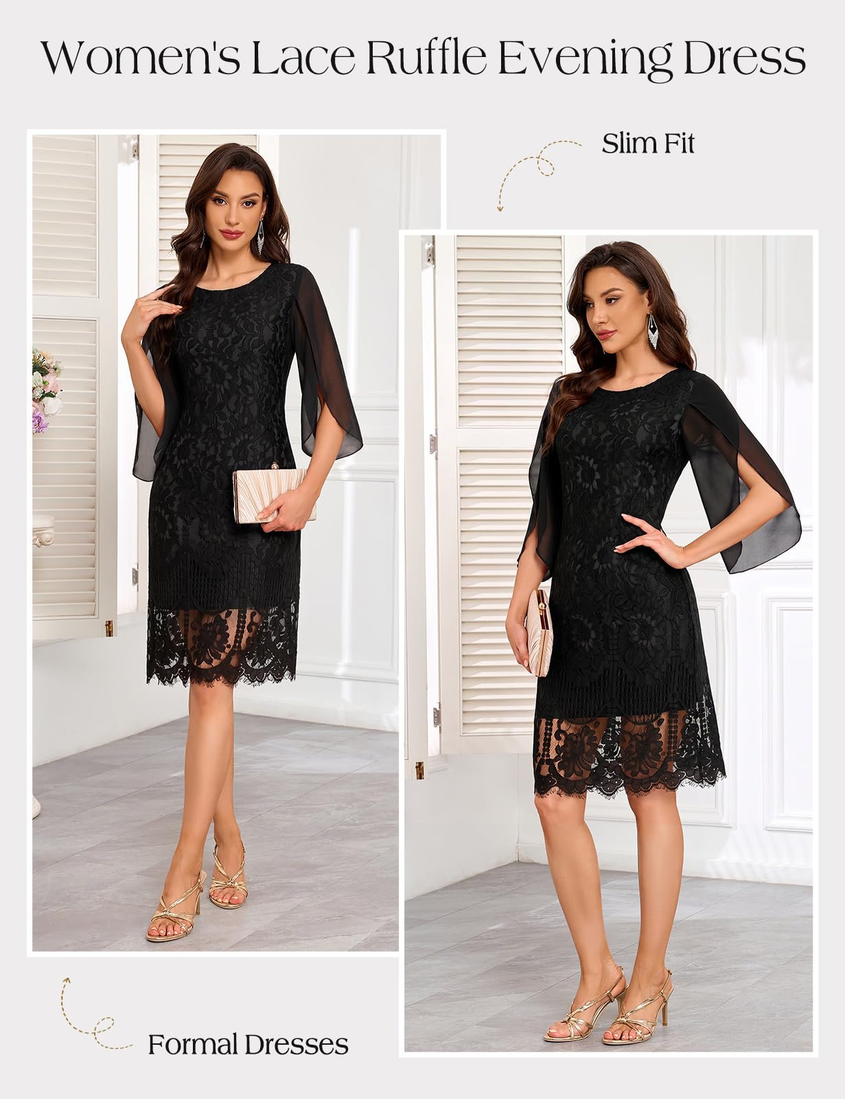 Cocktailkleid Damen 3/4 Ärmel Festlich Abendkleid