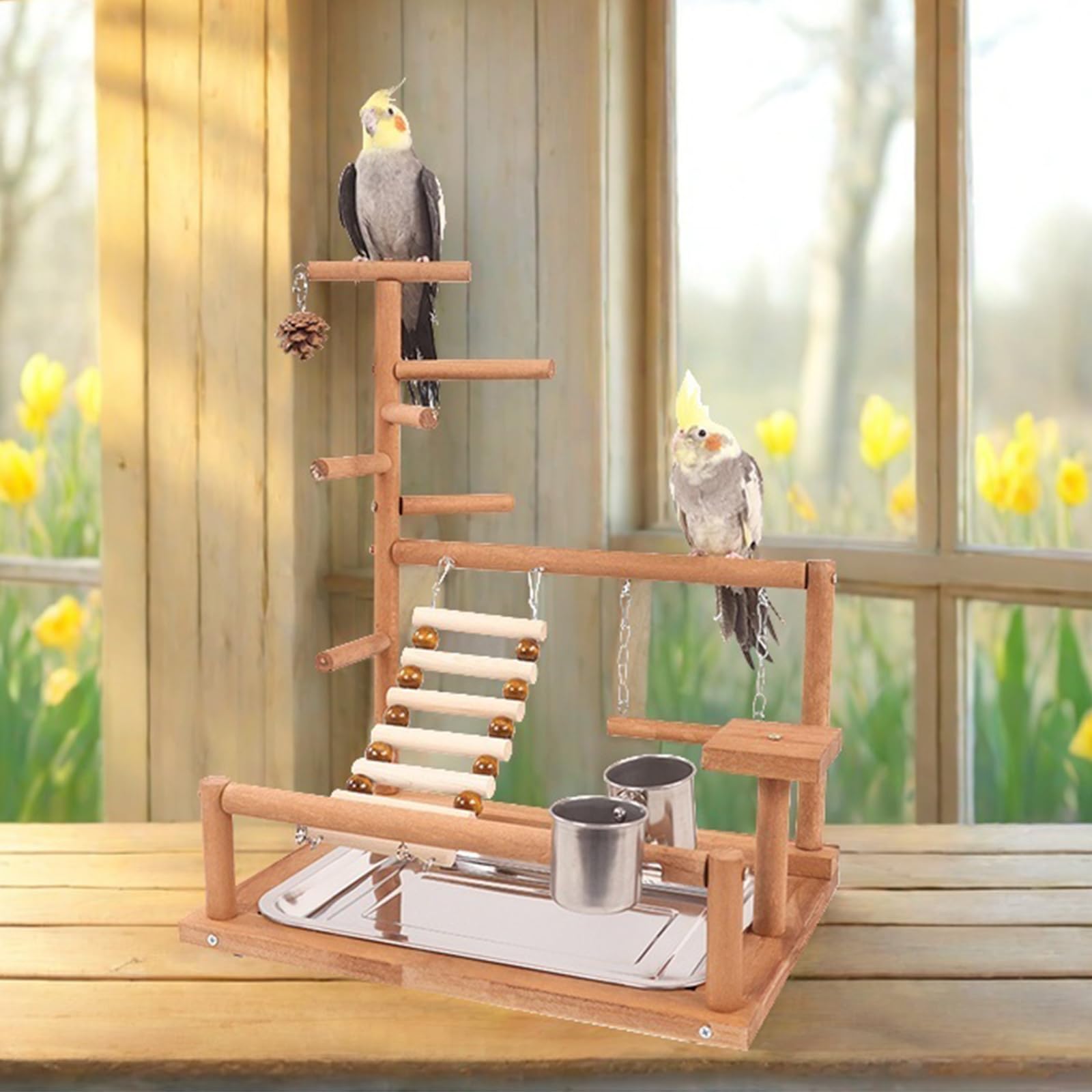 BORDEAG Parrot Playstand, parque de juegos para pájaros, loros, pinzones, Material: madera natural