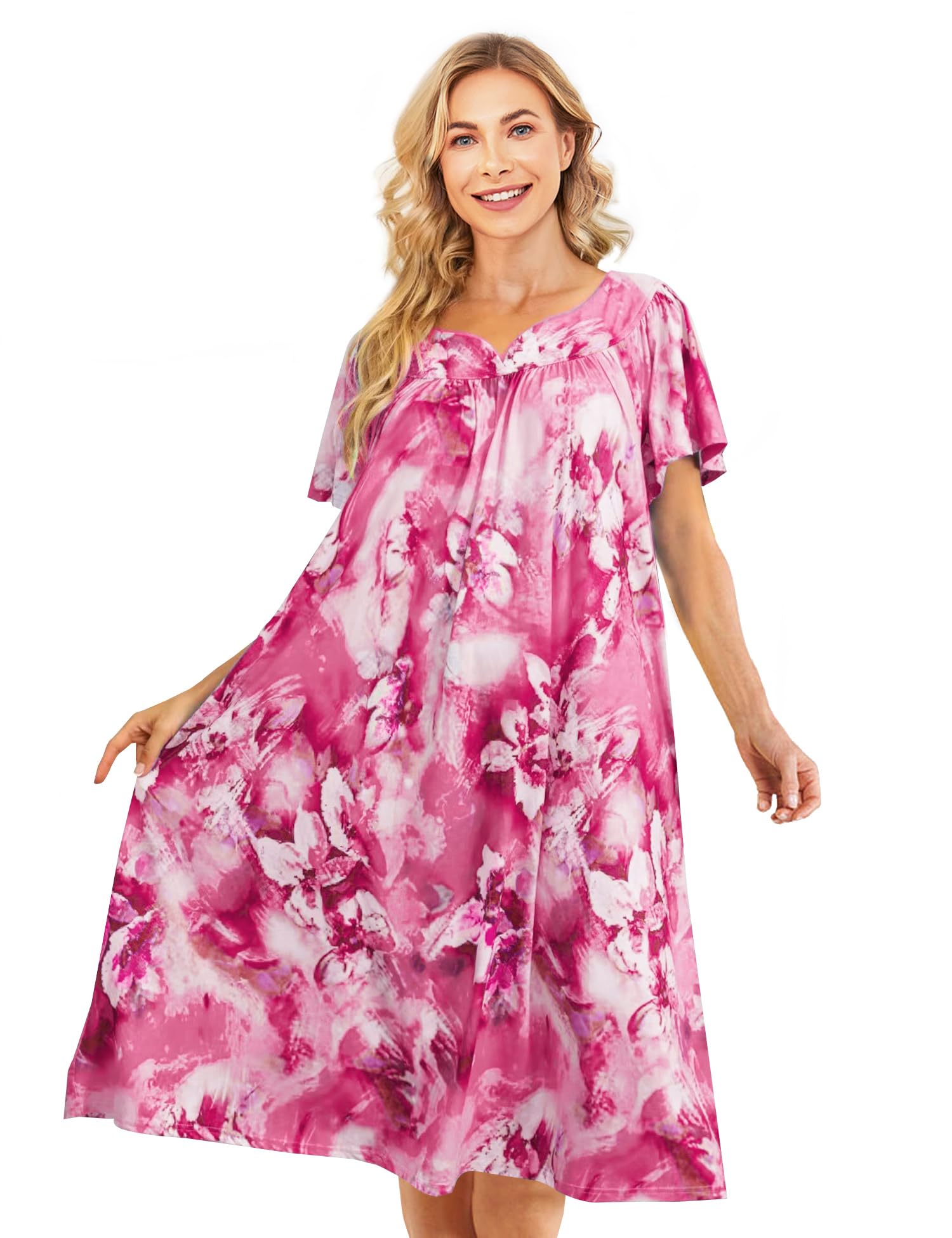 Muumuu House Dresses for Women Nightgown Duster Moomoo Short Sleeve Patio Dress with Pockets S-3XL