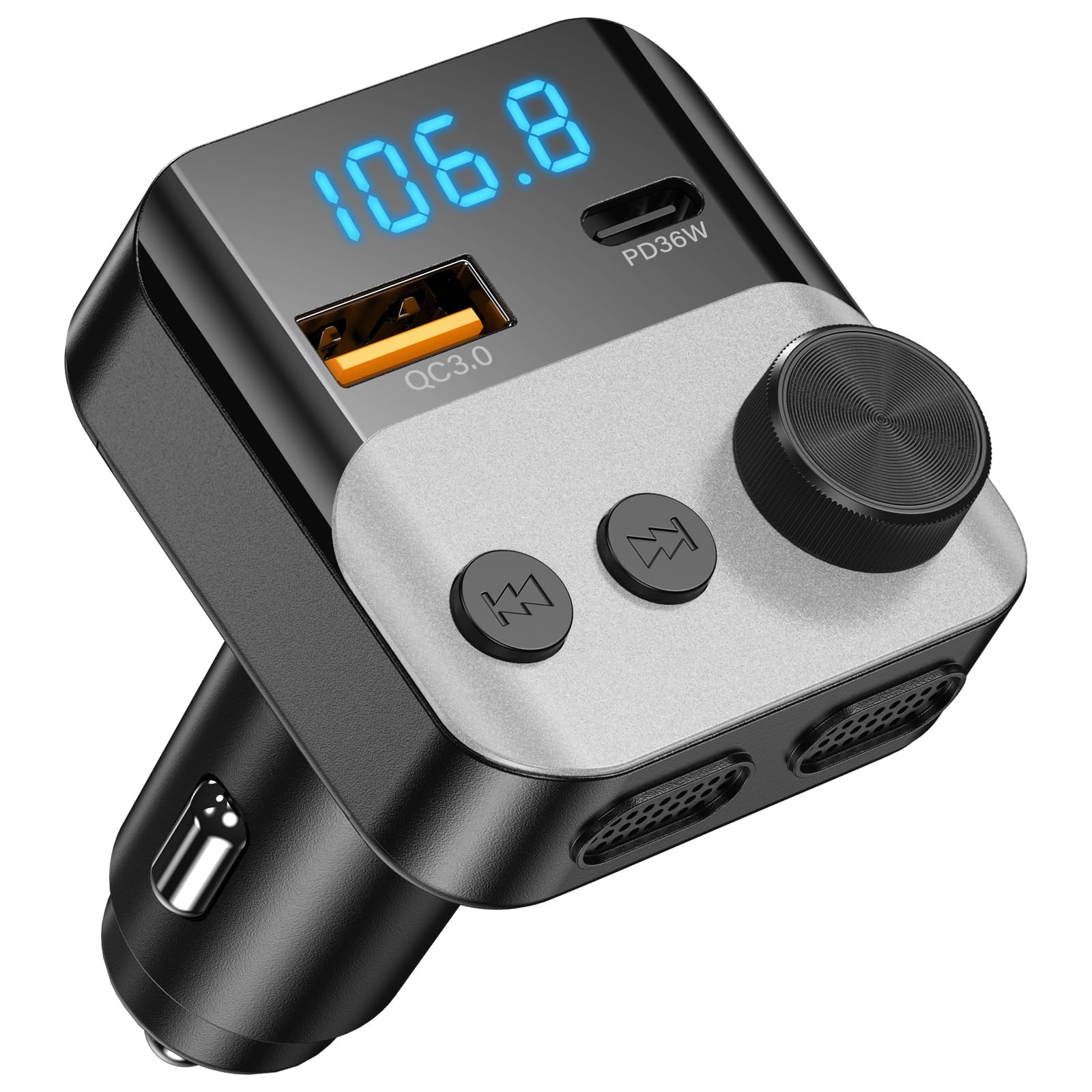 Adapter Bluetooth do samochodu, nadajnik FM - Bluetooth 5.3 zestaw głośnomówiący, ładowarka PD36W USB-C & QC3.0, adapter Bluetooth do samochodu z wyświetlaczem napięcia dla iPhone, Android Autoradio