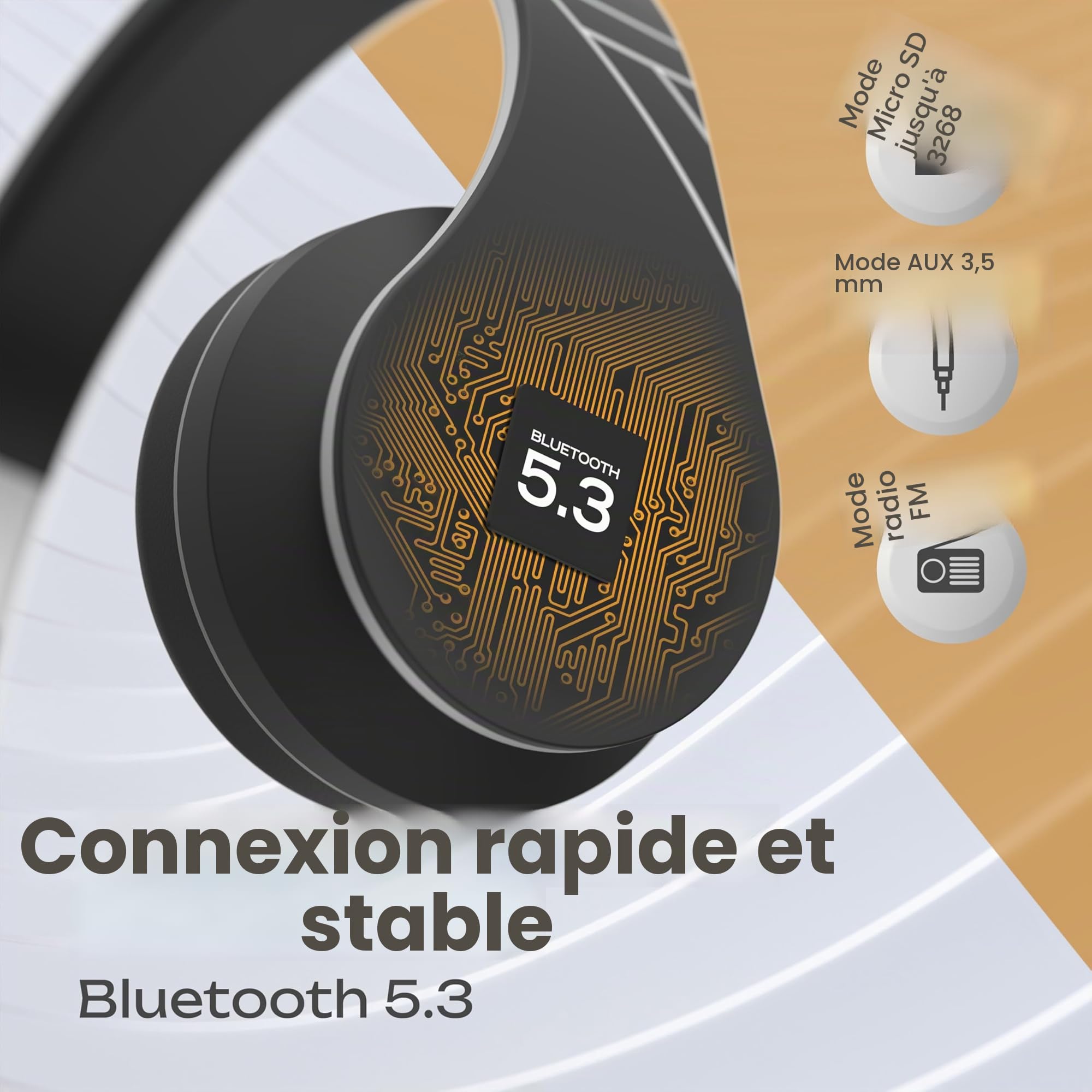 PowerLocus Casque Bluetooth sans Fil, Pliable Casque Audio Stéréo, Oreillette Bluetooth avec Micro Intégré/Micro SD/FM Radio pour Téléphones/PC/Tablettes/TV (Noir/Argent)