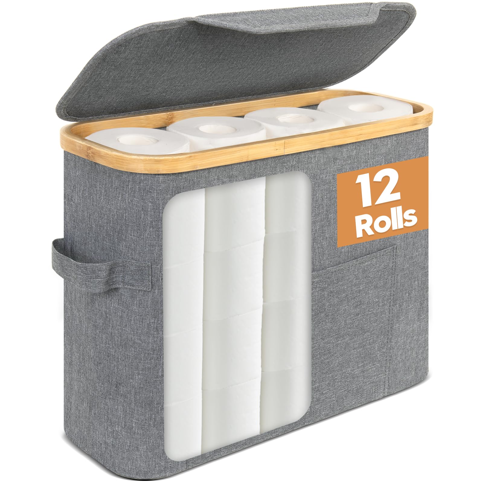 LOCHAS Toilet Paper Storage, Toilet Paper Basket with Lid and Pocket, Toilet Paper Organizer for up to 9-12 Rolls, Toilet Paper Holder Toilet Paper Bin Toilet Paper Container for Bathroom, Grey