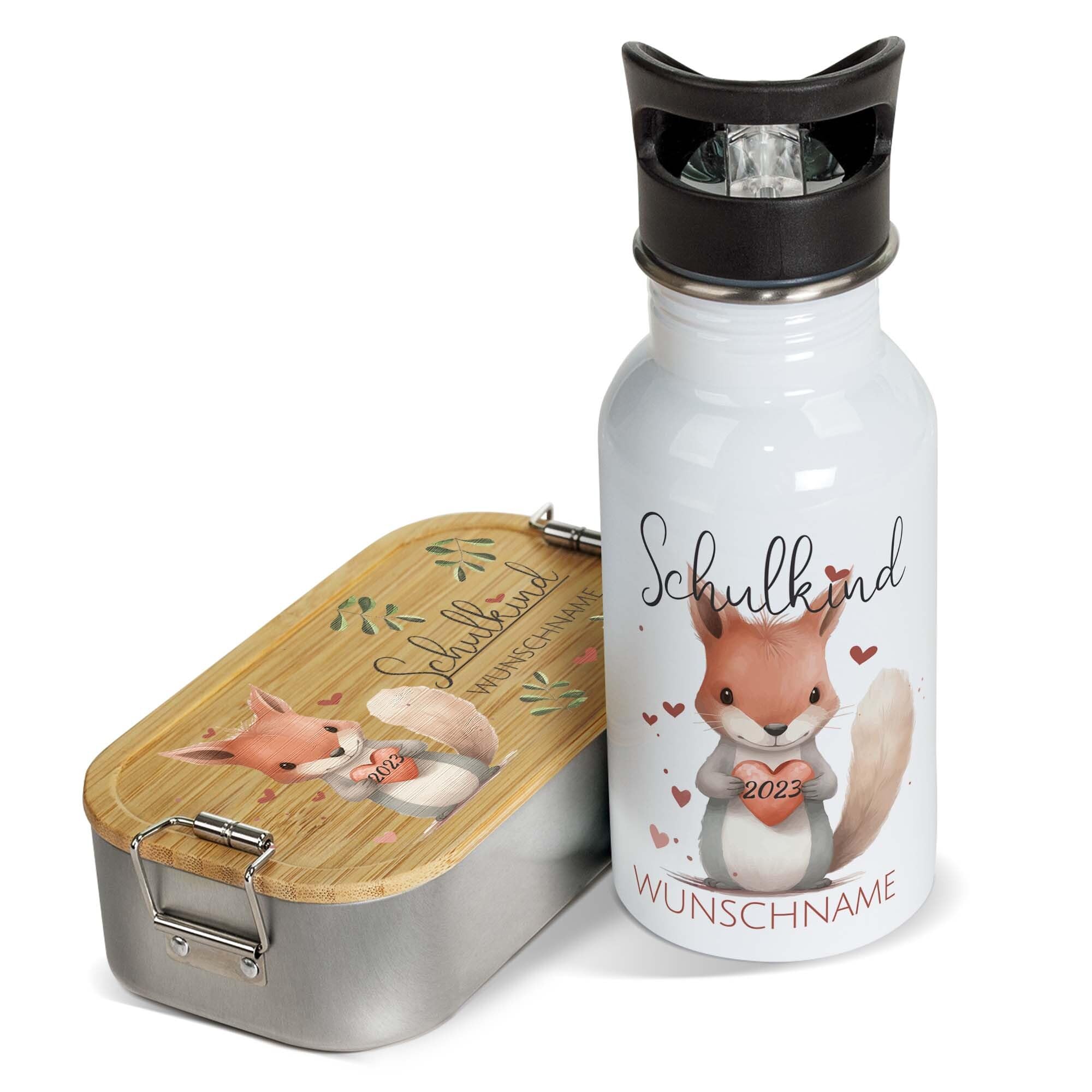 Print Royal PR Einschulung Geschenke-Set - Schulkind mit Name und Jahr personalisiert - Eichhörnchen, personalisierte Geschenke zur Einschulung Deko | Trinkflasche, weiß 500 ml & Brotdose 600 ml