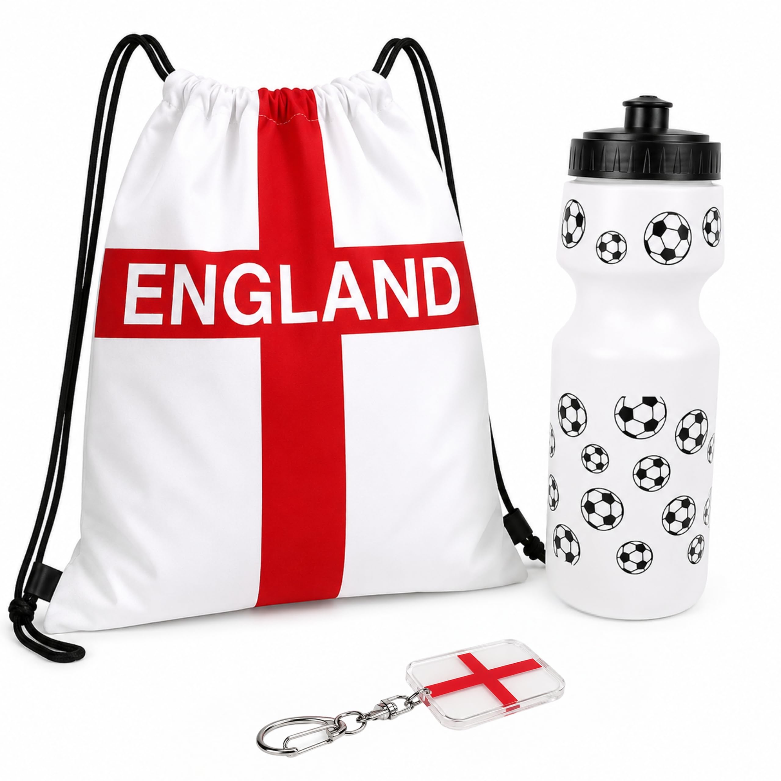 Back to School Football England St George's Drawstring Bag Set for Kids & Adults, School PE Gym Swim Bag with 600ml Football Water Bottle & Keyring, Gift for Boys, Girls & Adults Running & Cycling