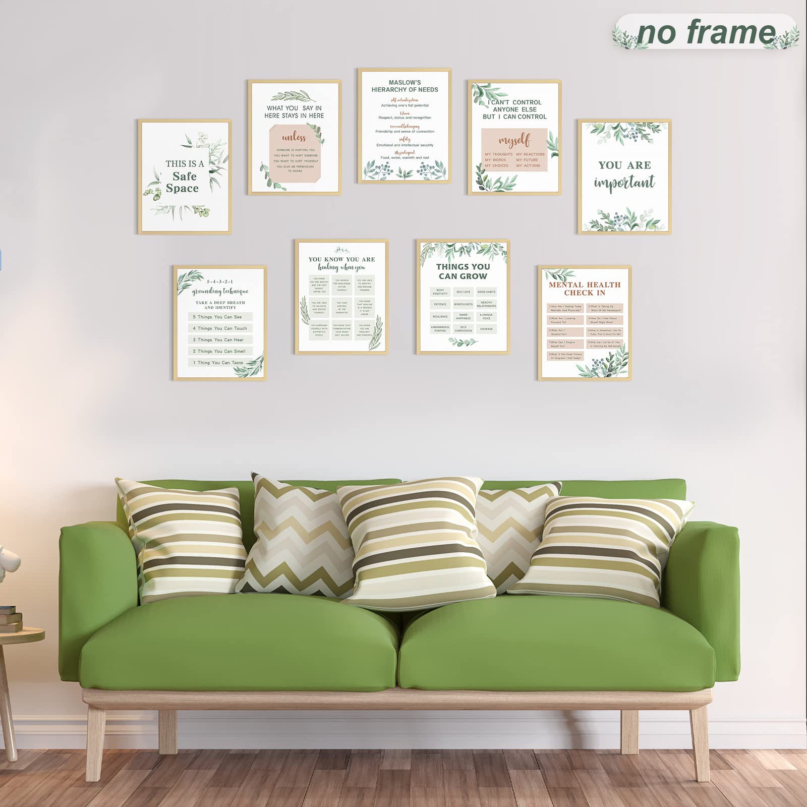 Outus 9 Pieces Mental Health Posters Anxiety Therapy Motivational Poster Psychologist Counselor Inspirational Posters Positive Quotes Wall Decor Classroom for Home Office, 8 x 10 Inch(Leaf Style)