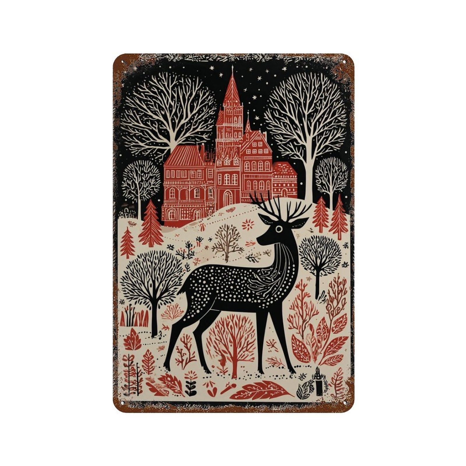 xiaoxiaoshen Black Red Folk Deer Gothic Castle Nordic Woodland Scandinavian Maximalist Hygge Wall Decor Art Metal Tin Poster Modern Home Decor Art Home Bar Shop Decorations Vintage Sign 30x20cm