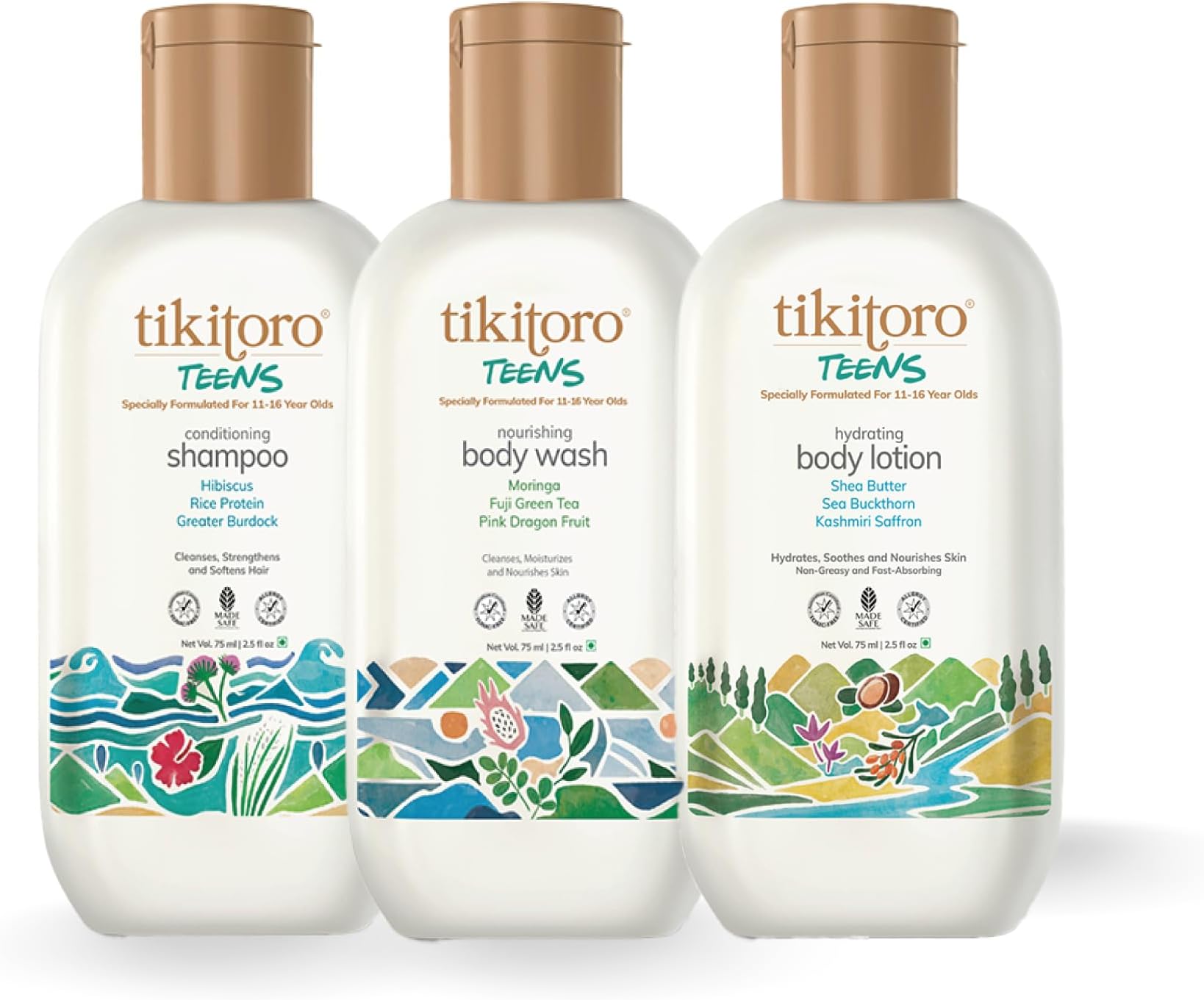 Tikitoro Teens Bath & Body Combo 100% Vegan with Nourishing Body Wash, Conditioning Shampoo, Hydrating Body Lotion, No Parabens & Sulphates, Gift Combo Pack (Age: 11+) (75ml x 3)