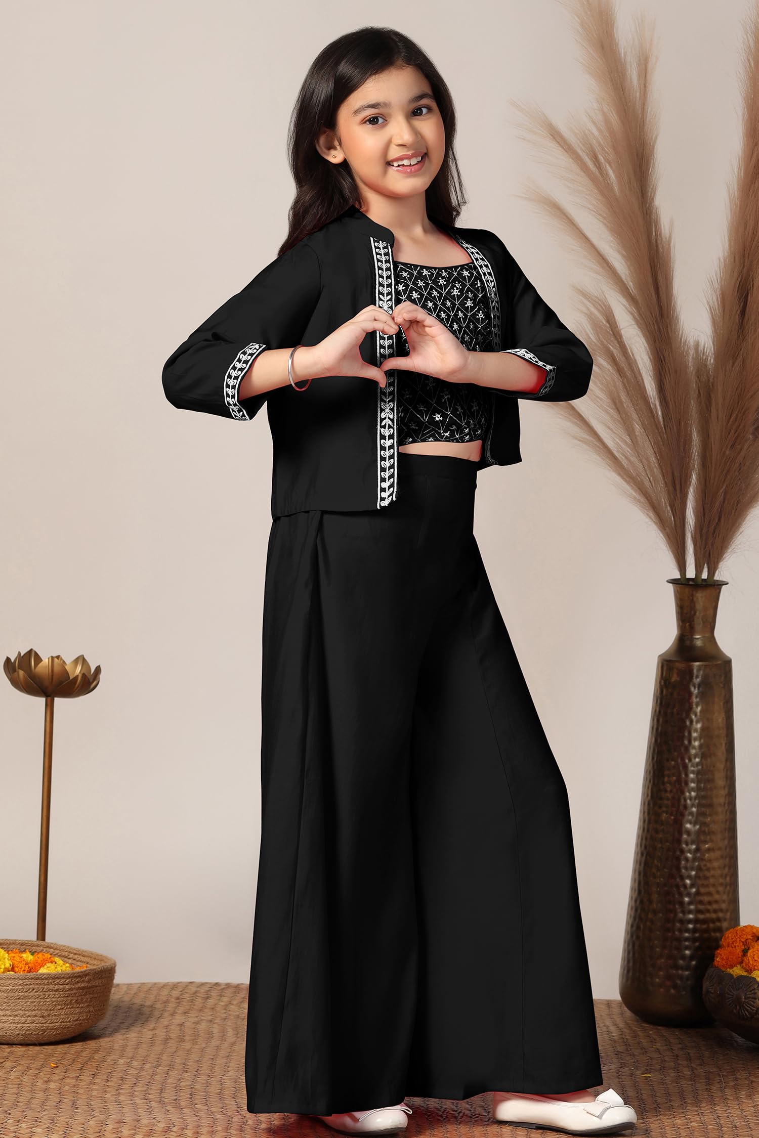 Jwalin Girl's Silk Blend Ethnic Top and Palazzo Set|Kids Salwar Suit Set|Embroidered Suit for Girls|Ethnic Wear|Indo Western Set (JWGSET00436 BLK 36_Black_11-12 Years) - Image 5 thumbnail