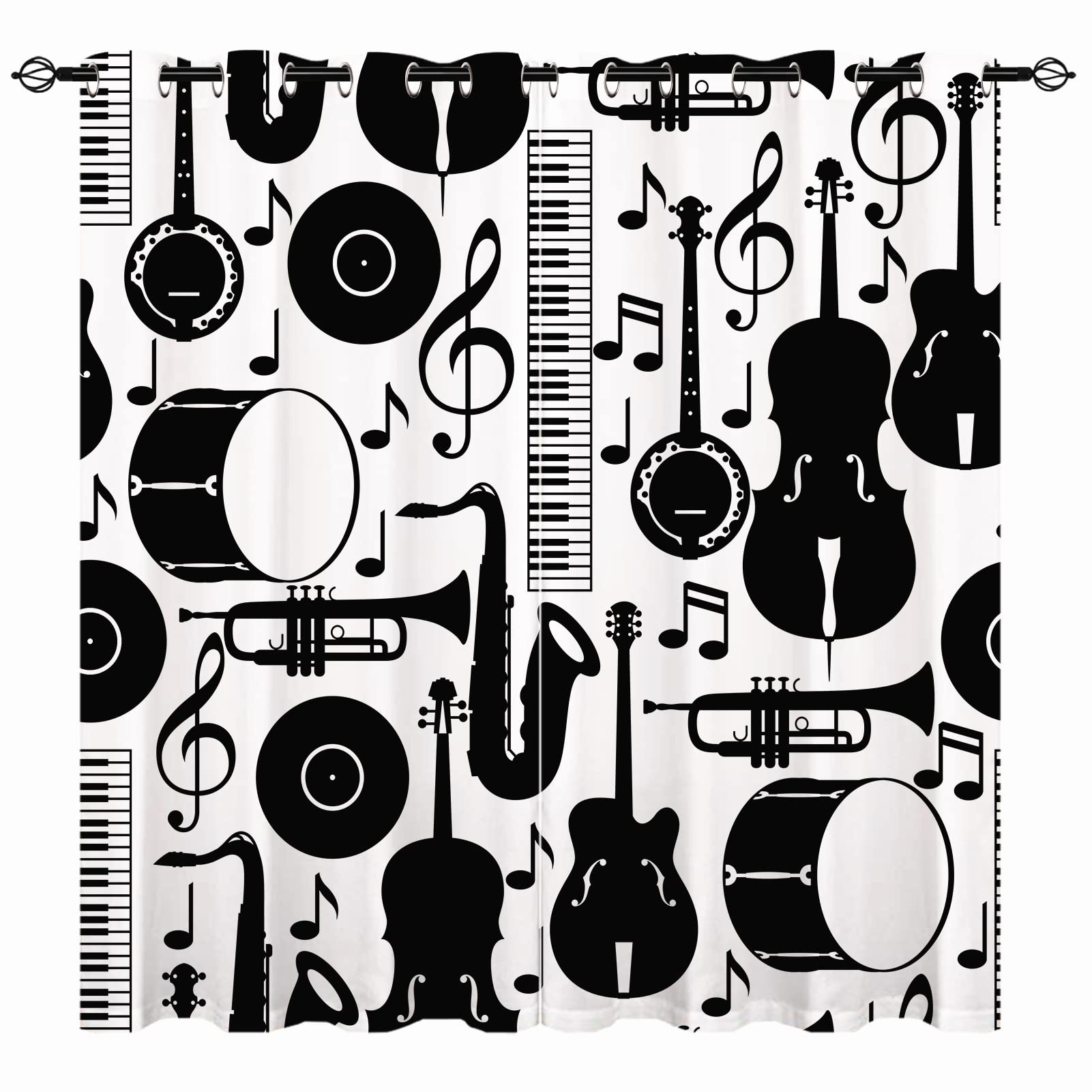 YUANZU Music Blackout Curtains - Jazz Music Black White Note Musical Instruments Print Pattern Eyelet Thermal Insulated & Room Darkening Window Drapes for Bedroom Living Room 2 Panels W75cm x D166cm โ image 1
