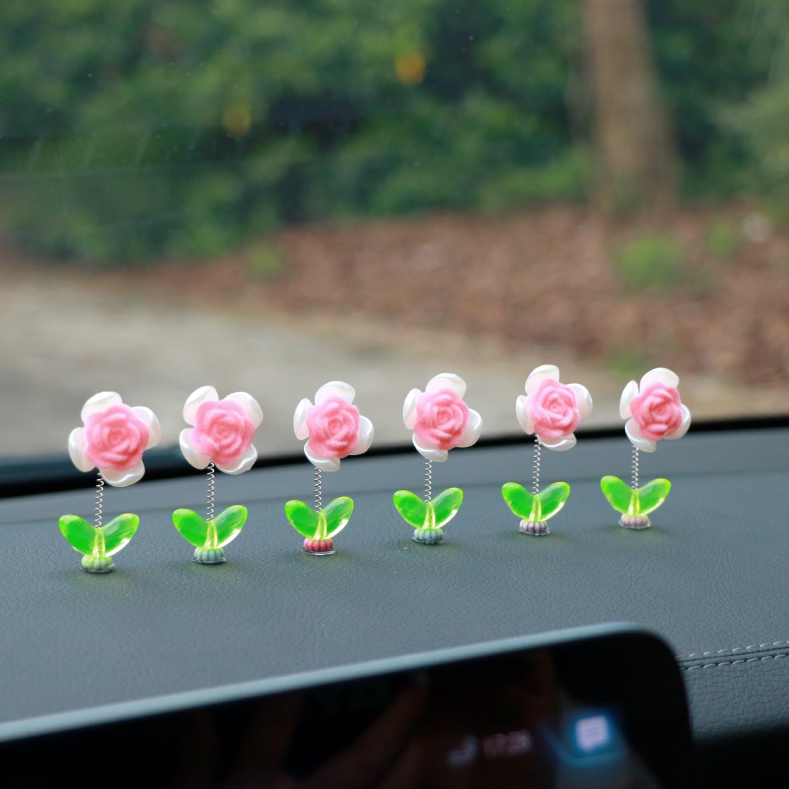 MaPctSy Flower Car Dashboard Decorations - Shaking Rose Flowers Bobblehead Car Interior Decor for Women, Fun, Hairclip Helmet 6pcs
