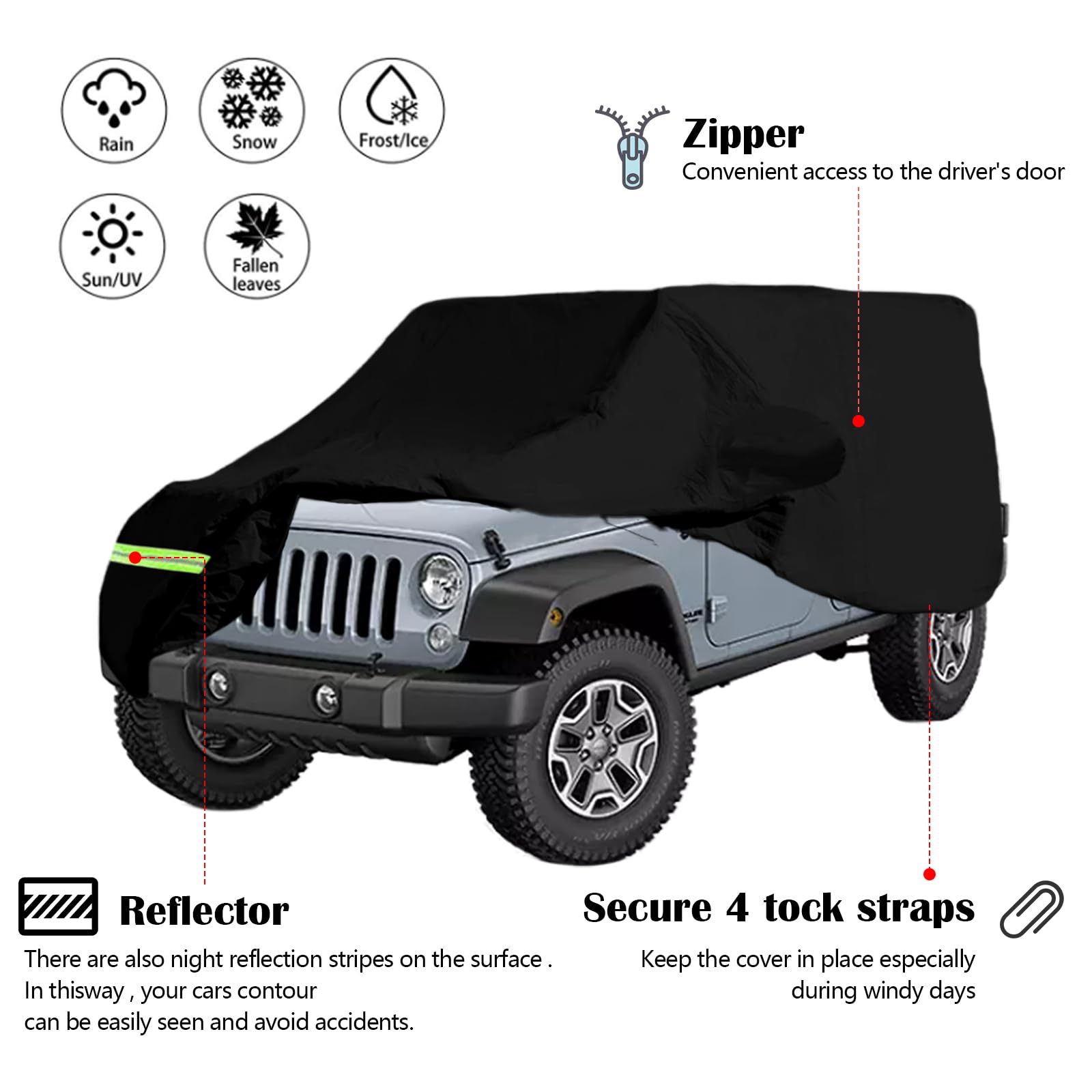 Funda para Coche, Funda Impermeable para Coche para Jeep Wrangler De 4 Puertas, Anti UV, Funda para Coche Interior Y Exterior para Cj Yj Tj Y Jk Funda para Invierno Y Verano para Todo Tipo De Clima