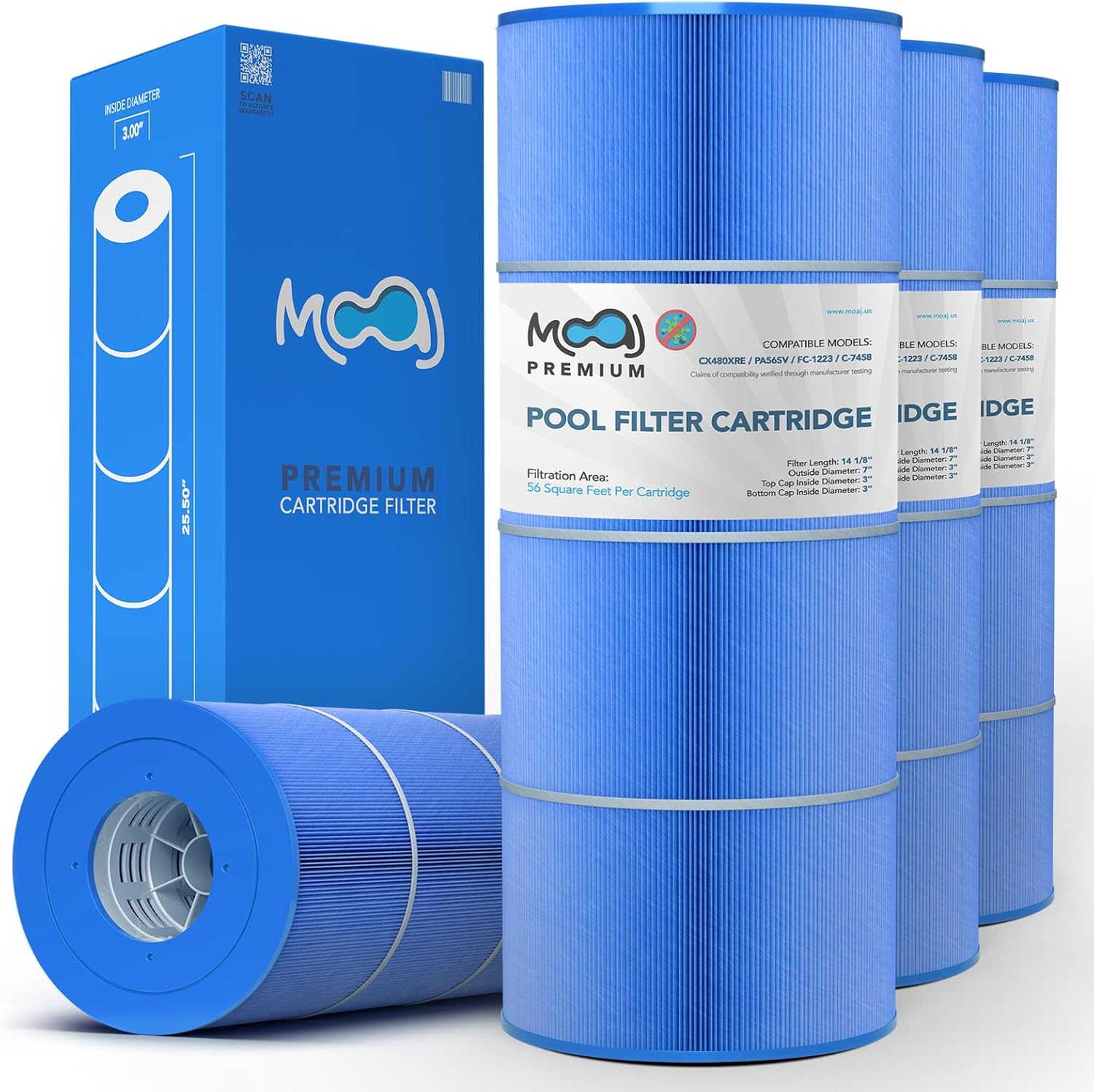 MOAJ Premium Pool Filter 4-Pack Replaces Hayward SwimClear C2025, CX470E, CX470-XRE, CX480, CX480-XRE, PA56SV, C-7458, FC-1223 | 14 1/8" x 7" | 56 SQ FT | Asepsis-Infused Filtration | Based in USA