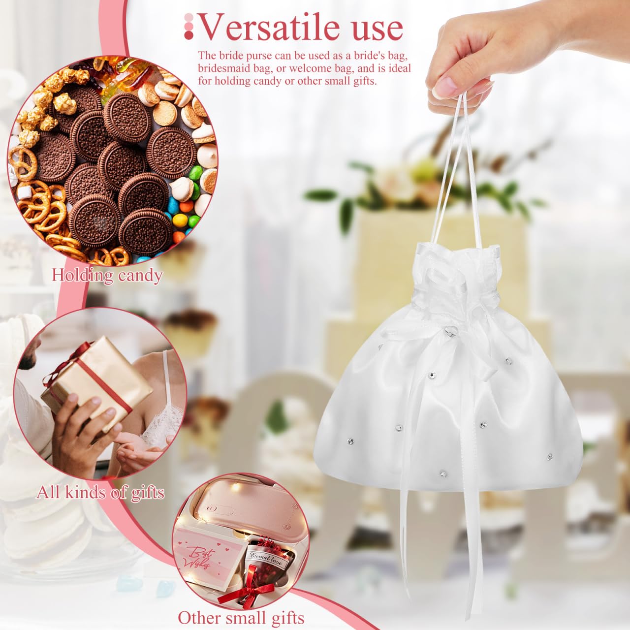 Veemoon Weiß Satin Brautbeutel, Braut Hochzeit Handtasche Brautbeutel Blumenmädchen Dolly Tasche Drawschnellzug Clutch Bag für Hochzeit Bankett Tanz Brautjungfern Accessoires 8,45X7,66X0,04 in