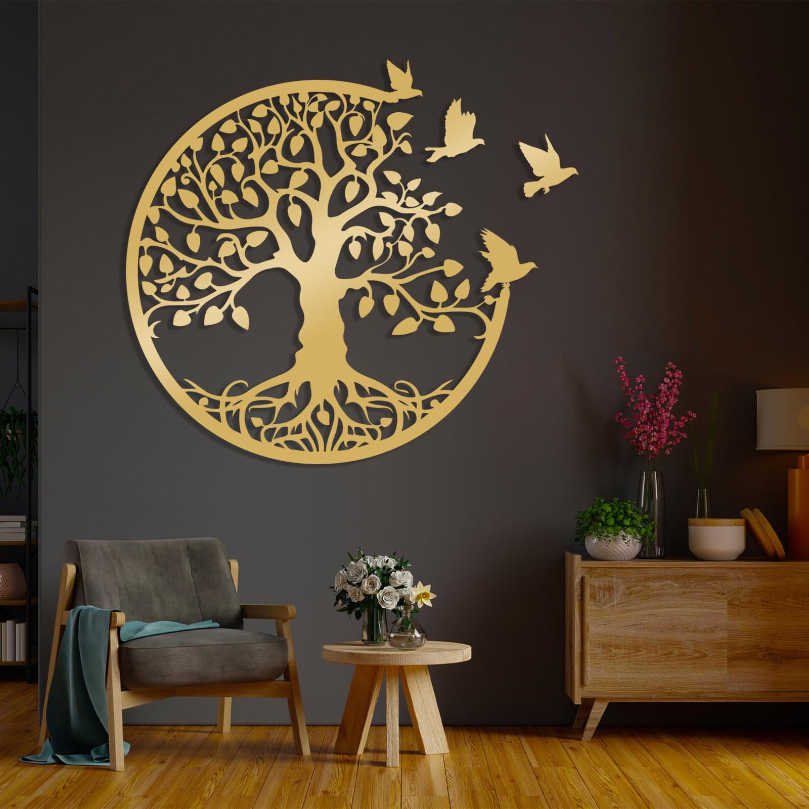 Arte de Pared de Metal con Forma de árbol de la Vida, decoración de pájaros, árbol de la Vida con pájaros, Letrero de árbol genealógico, decoración para Sala de Estar y d