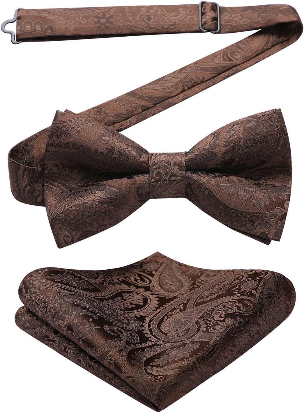 HISDERN Men's Solid Color Pre-tied Bow Tie Adjustable Tuxedo Two Layer Bow Tie and Pocket Square Set with Gift Box