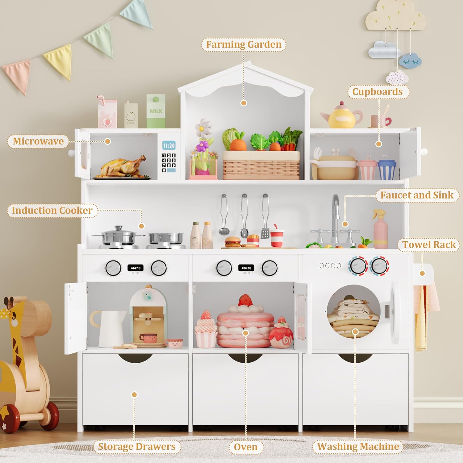 Keyluv Wooden Play Kitchen for Kids and Toddler, Montessori Toy Kitchen Playset with Plenty of Pretend Play Features and Storage Drawers, Gift for Boys and Girls, White