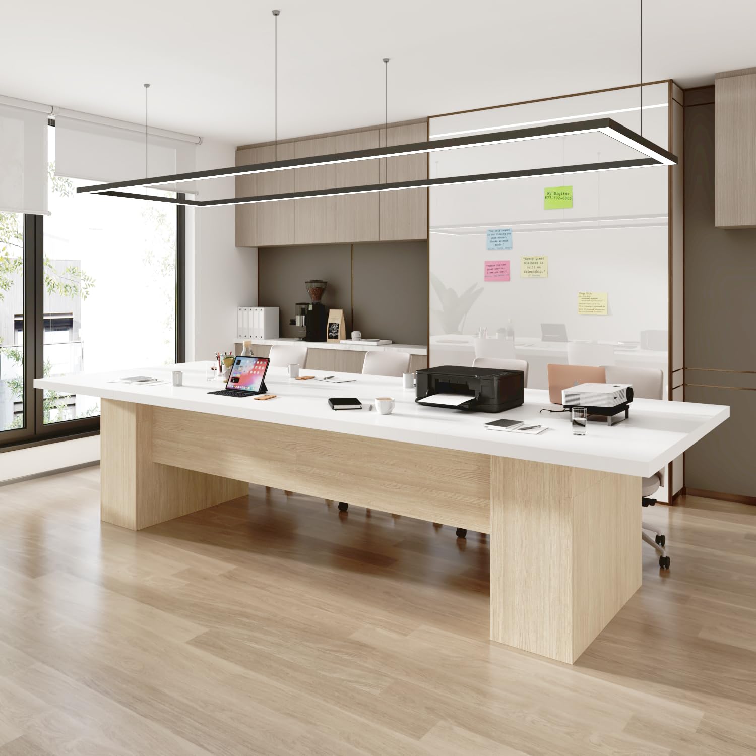 Homsee 118.1" W Rectangular Conference Room Table for 10-12 People, Versatile Modern Wood Seminar Meeting Table for Boardroom, White & Light Brown