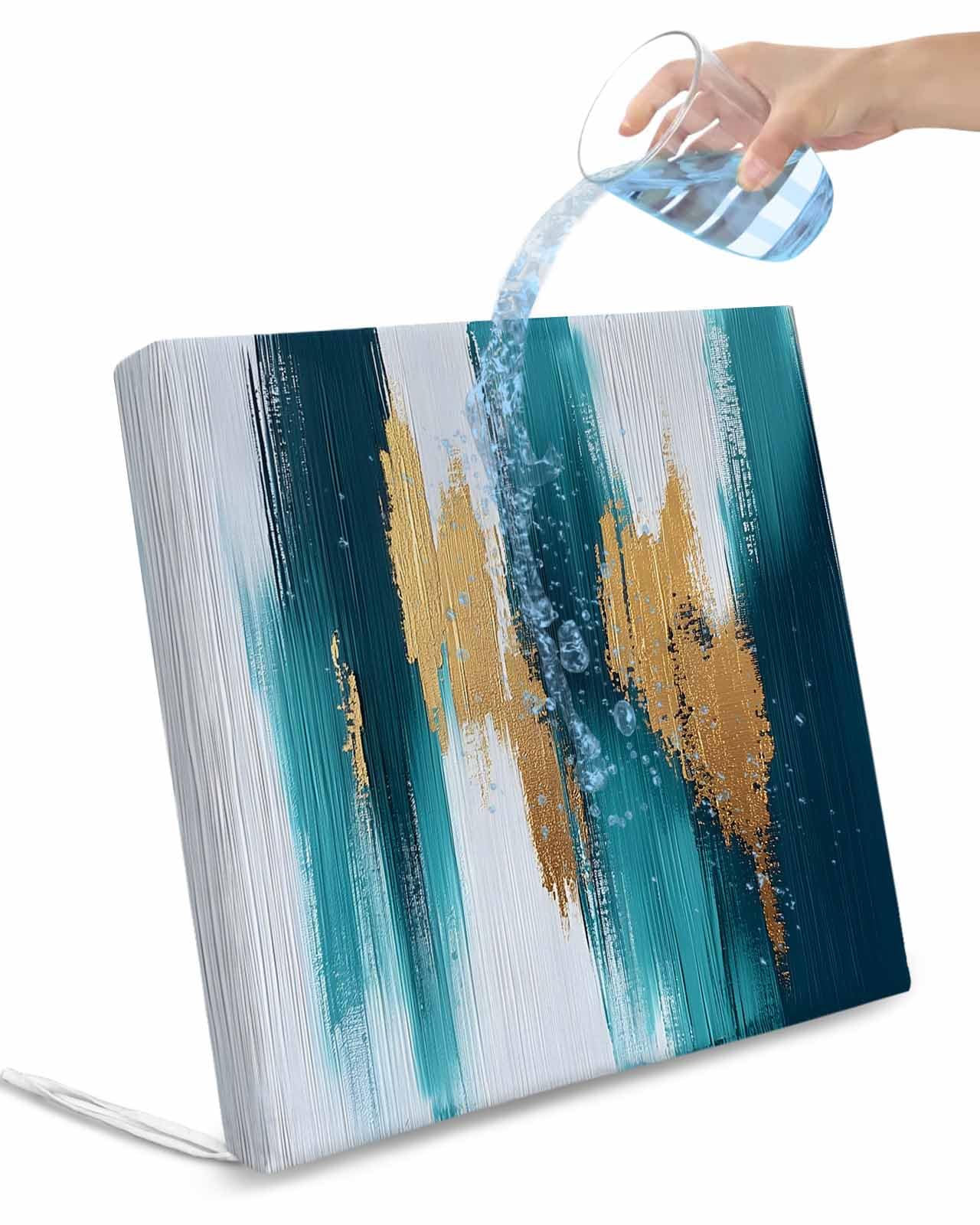 2 Pack Abstract Teal Gold Waterproof Cushion Covers with Ties, Outdoor Patio Chaise Lounge Chair Seat Cushion Slip Covers Replacement(Only Cover) Green White Wall Art Textured 20