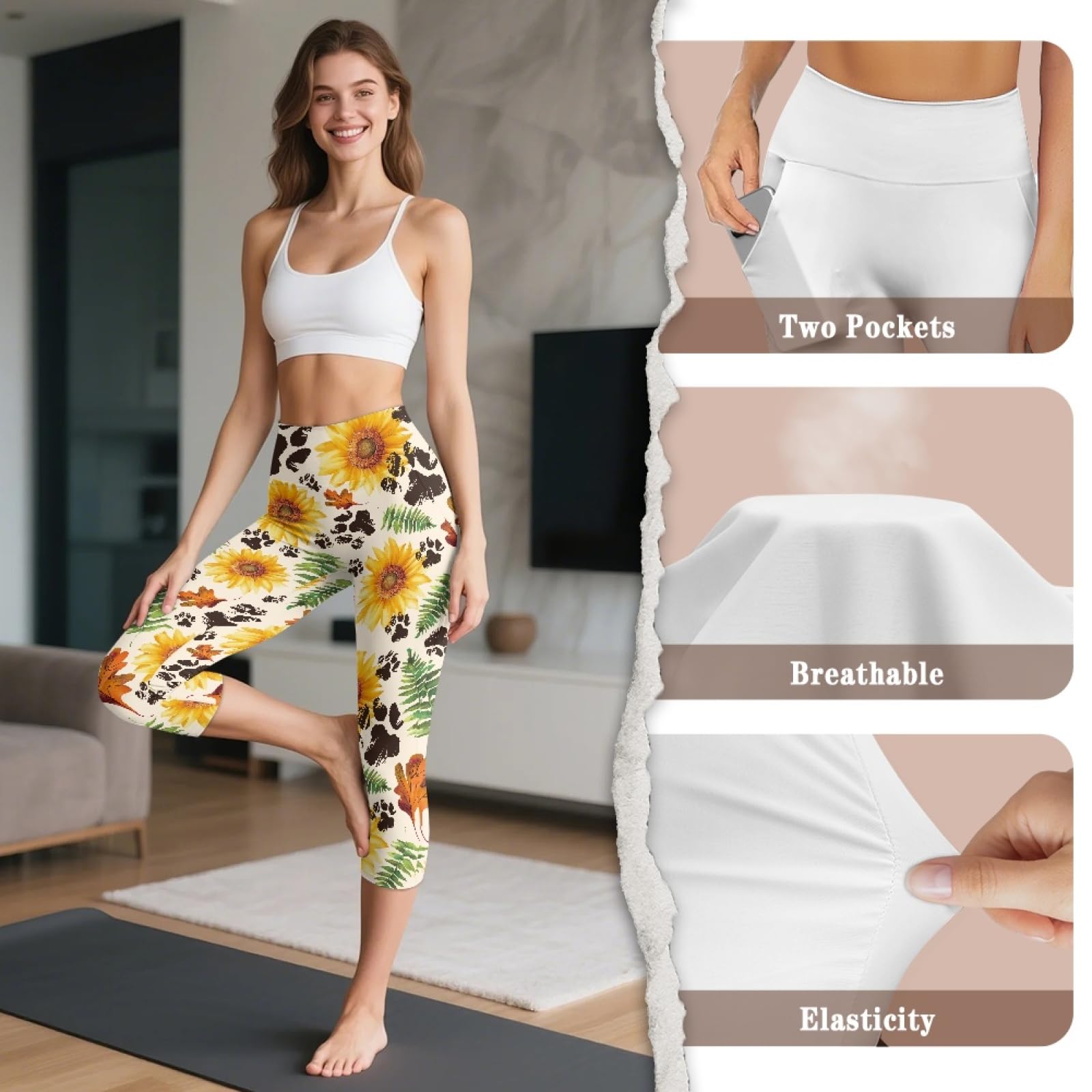 Amzbeauty Leggings capri de cintura alta con control de abdomen para mujer, pantalones de yoga con bolsillo