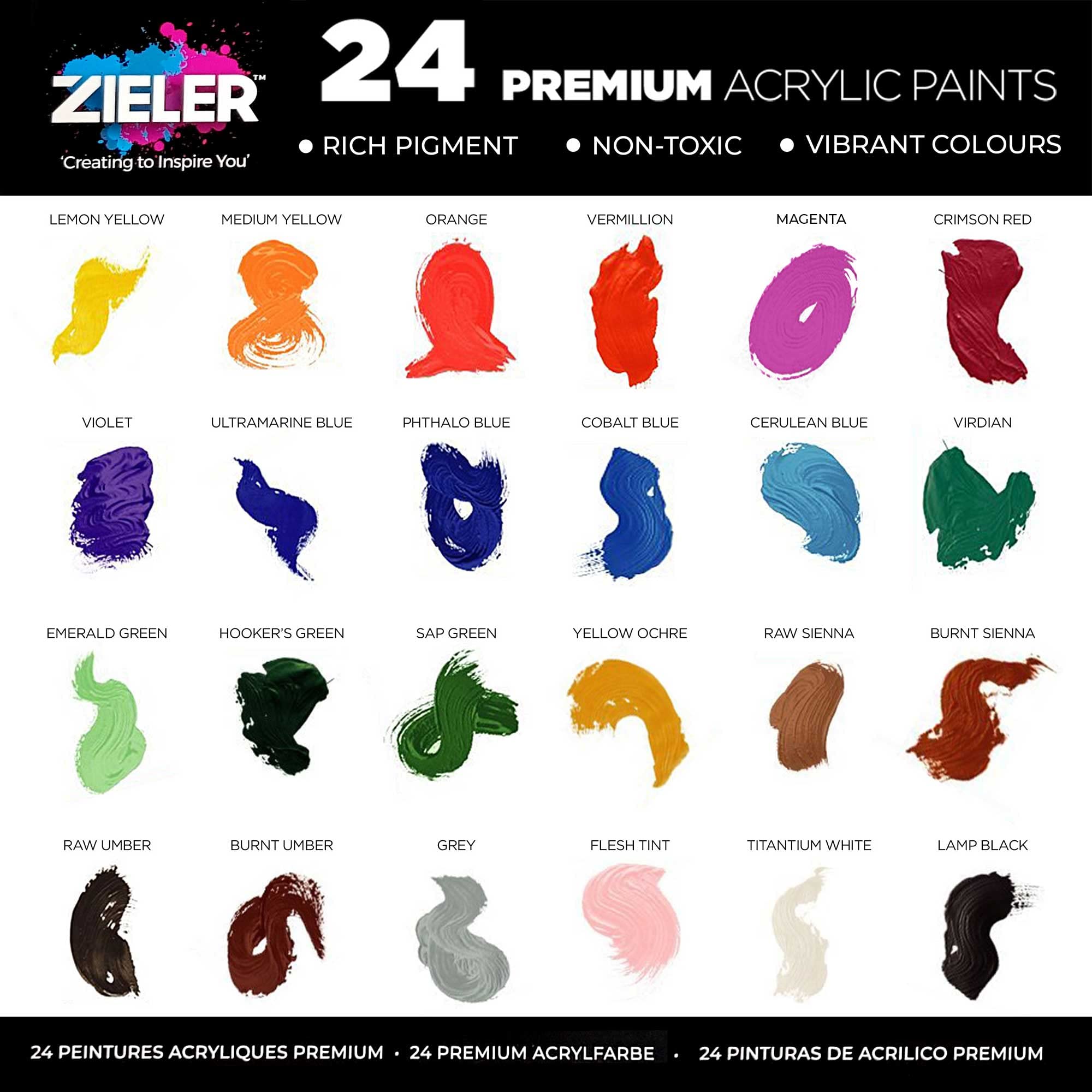 Juego de pintura acrílica premium (24 tubos grandes de 22 ml) - por Zieler®. Ideal para papel, lienzo, madera, cerámica, tela y manualidades. Incluye guía de inicio