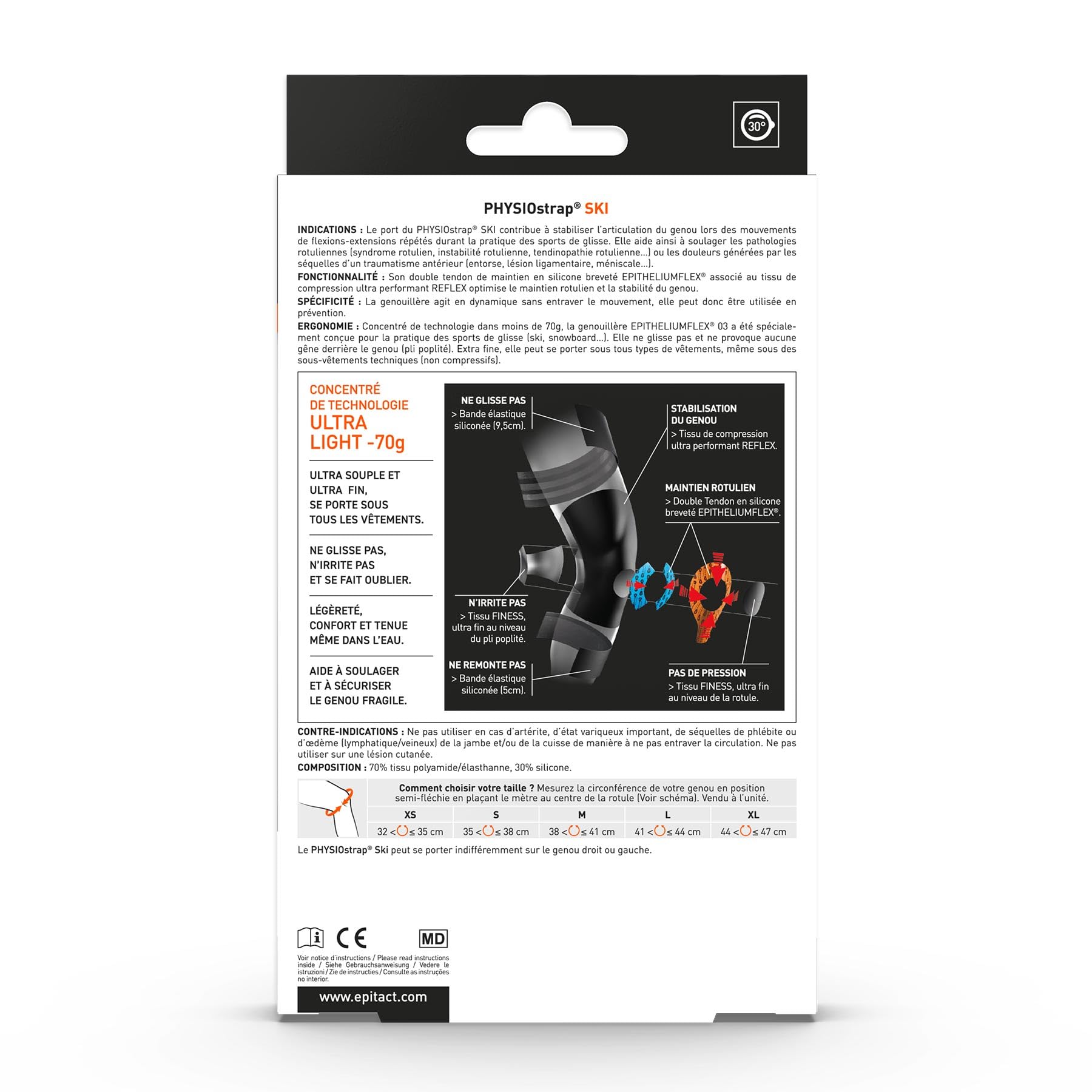 Epitact | Genouillère Physiostrap® Ski | Genou Fragile et Douloureux | Soulage et Sécurise le Genou, Maintien Rotulien Renforcé | Ultrafine, Souple, Légère | Tenue optimale | Innovation Française (S)