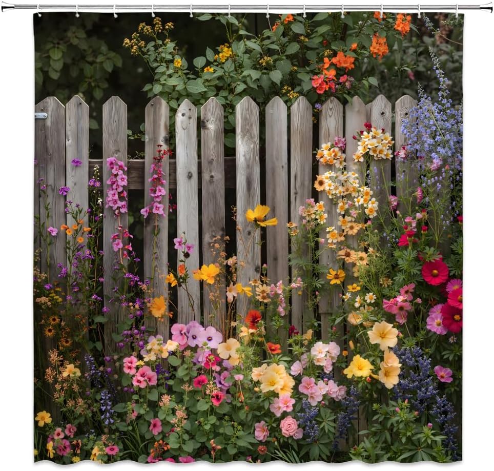 Rustic Garden Shower Curtain Vintage Wooden Fence with Colorful Flowers Spring Floral Nature Scene Bathroom Decor Polyester Curtains with Hooks,70Wx90L