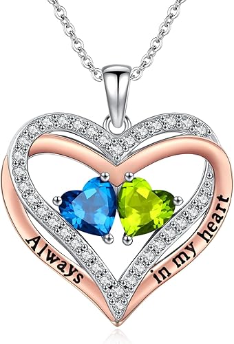 Collar de piedra natal de corazón para mujer, chapado en oro rosa de 14 quilates, oro blanco, colgante de doble corazón superpuesto, aniversario,