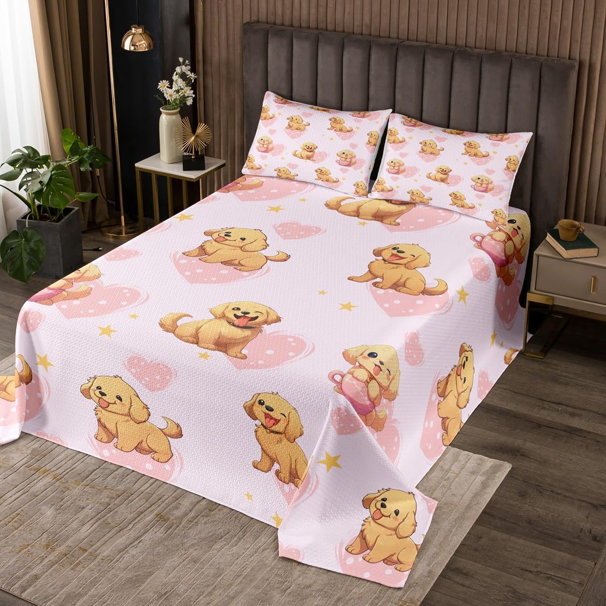 Juego de edredón para cama de matrimonio con diseño de perro y cachorro, juego de colcha Golden Retriever para niños y niñas, juego de colcha de perros de dibujos animados, funda de cama rosa acuarela