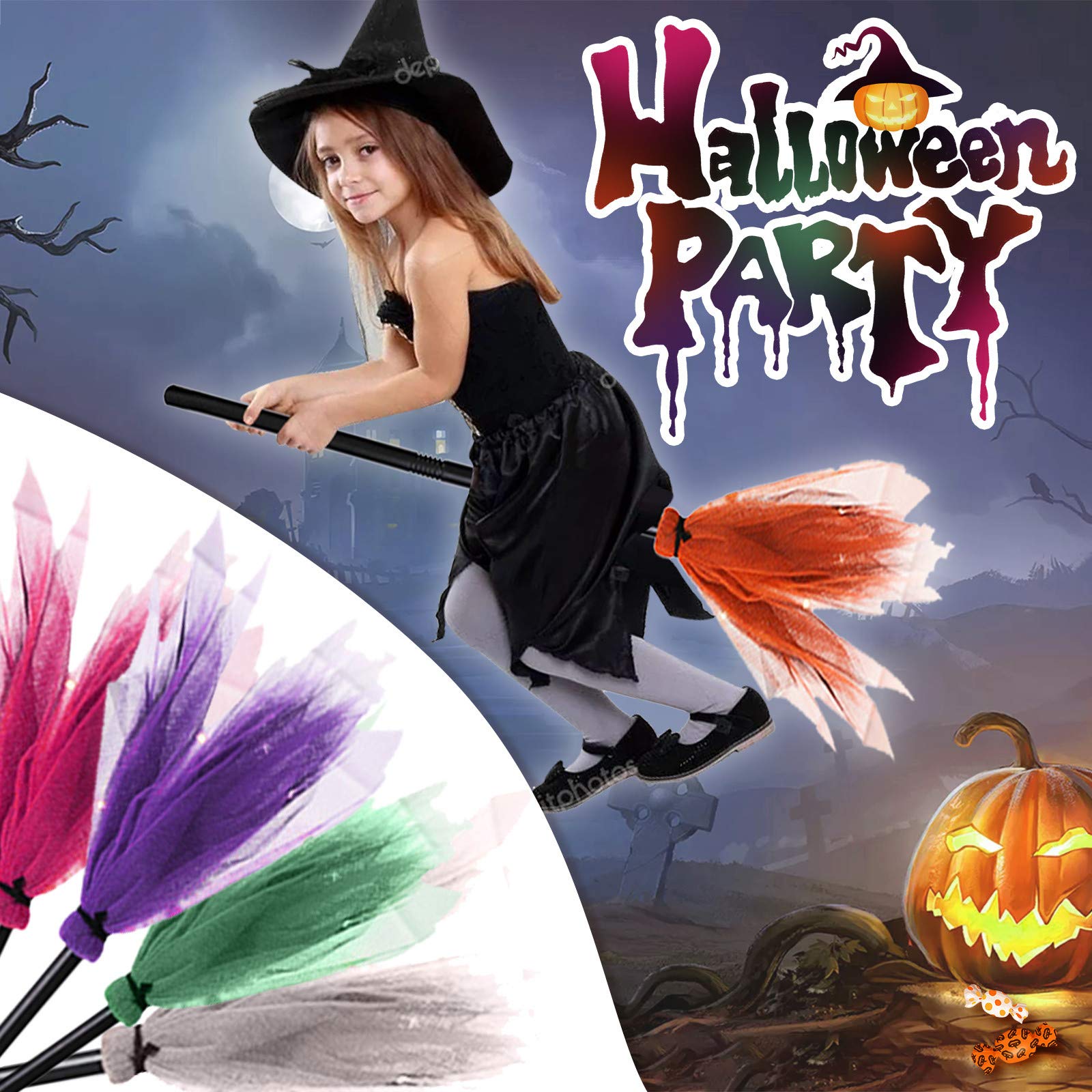 Halloween Witch Broom 35inch Plastic Witch Broomstick Cosplay Broom Props Wizard Flying Felt Broom Costume Accessory (3PCS Green)