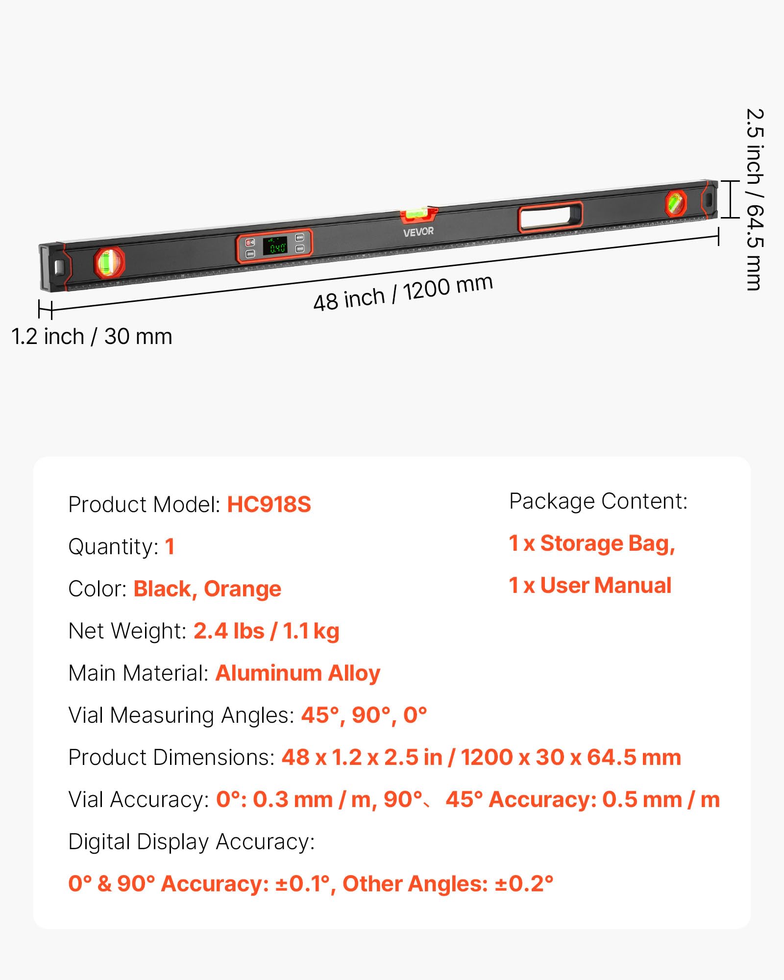 VEVOR Livella Digitale 1200 mm, Inclinometro Elettronica Magnetica ad Alta Precisione con Display LED Retroilluminato, Misurazione a 360°, Fiale a Bolla a 0°/45°/90°, IP54 per Edilizia e Falegnameria