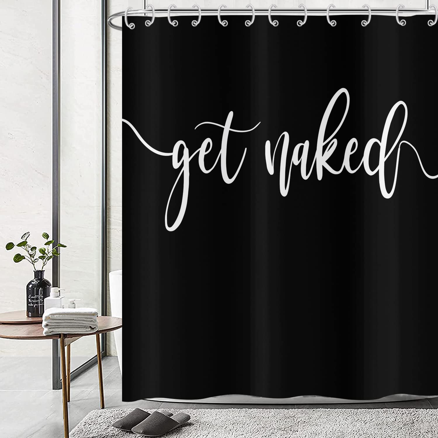 Hnmdmyi Black Shower Curtain 120x200, White Art Font Words Get Naked Shower Curtains Funny Quotes Beautiful and Cool Bathroom Curtains Waterproof Polyester Fabric Washable Bath Curtains with Hooks