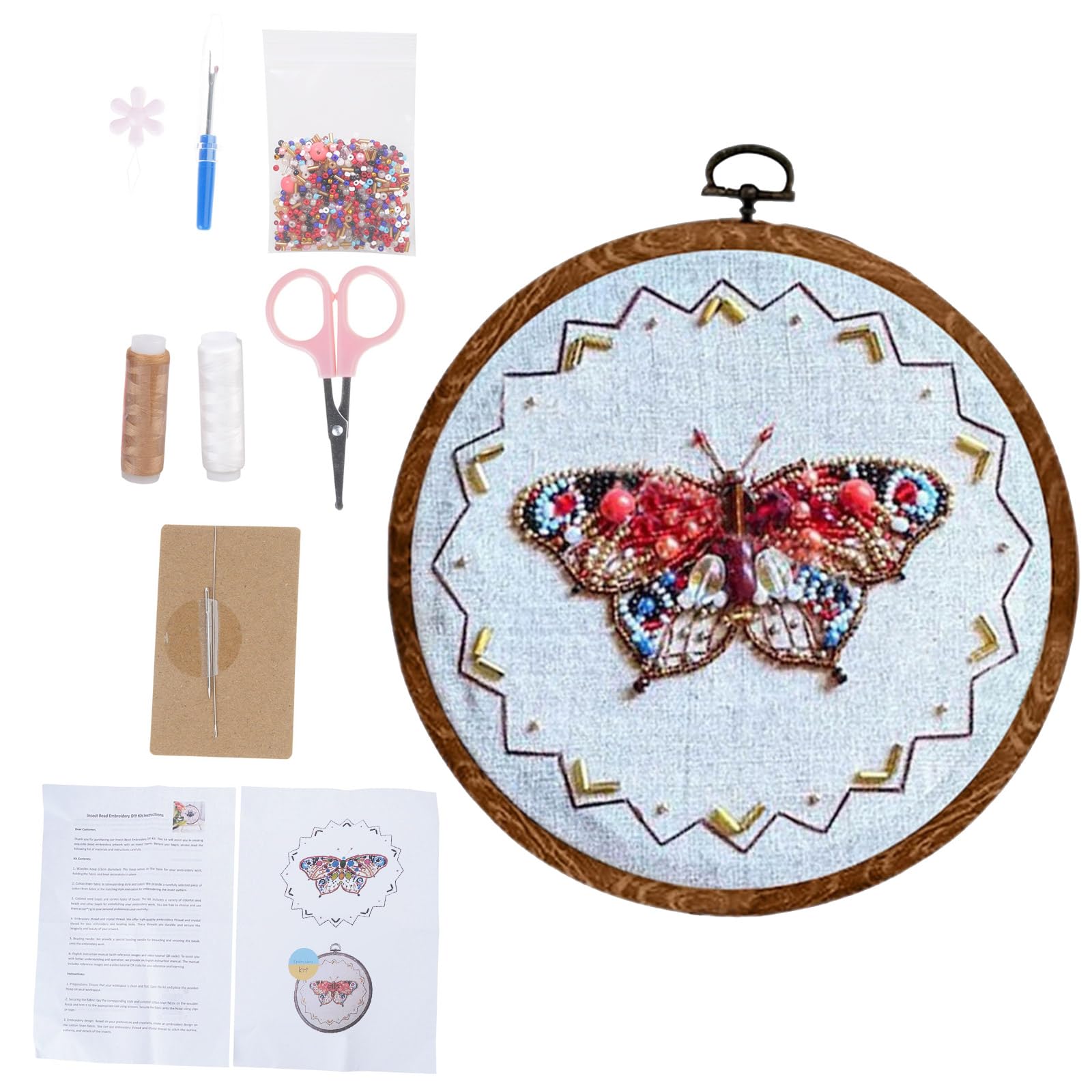 Nucelit Beginner Beads Embroidery Set with Stitching Hoop Instruction Embroidery Cloth Pattern Thread and Needle Wall Art